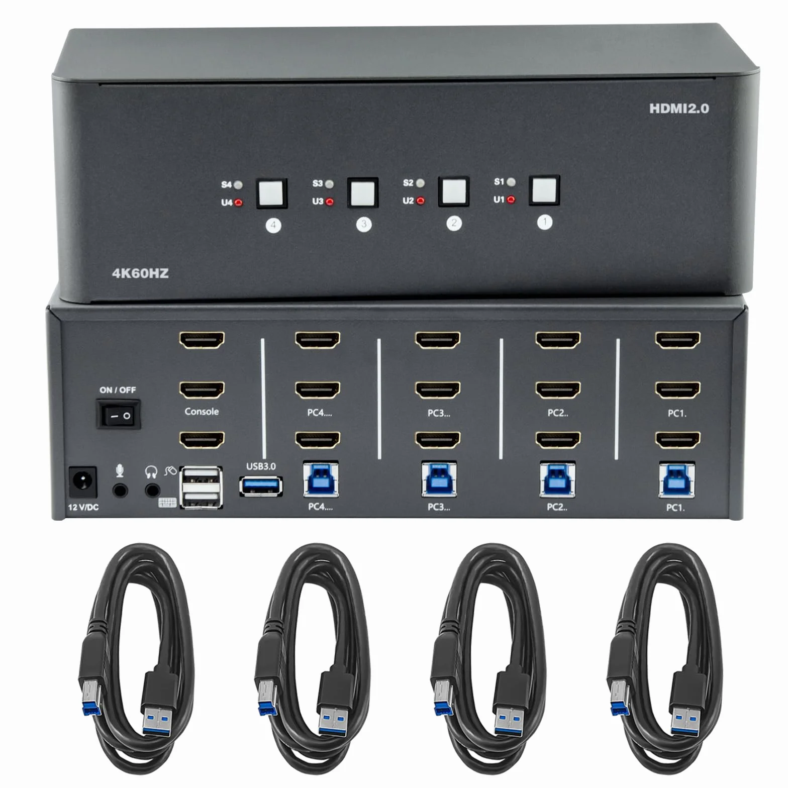 Przełącznik KVM 3 monitory, 4 komputery, przełącznik KVM HDMI 4K 60 Hz z 4 portami USB 3.0 i dźwiękiem 3,5 mm, 4 komputery dzielą jeden zestaw Leyboard, mysz i monitory, obsługuje Windows/Mac/Linux