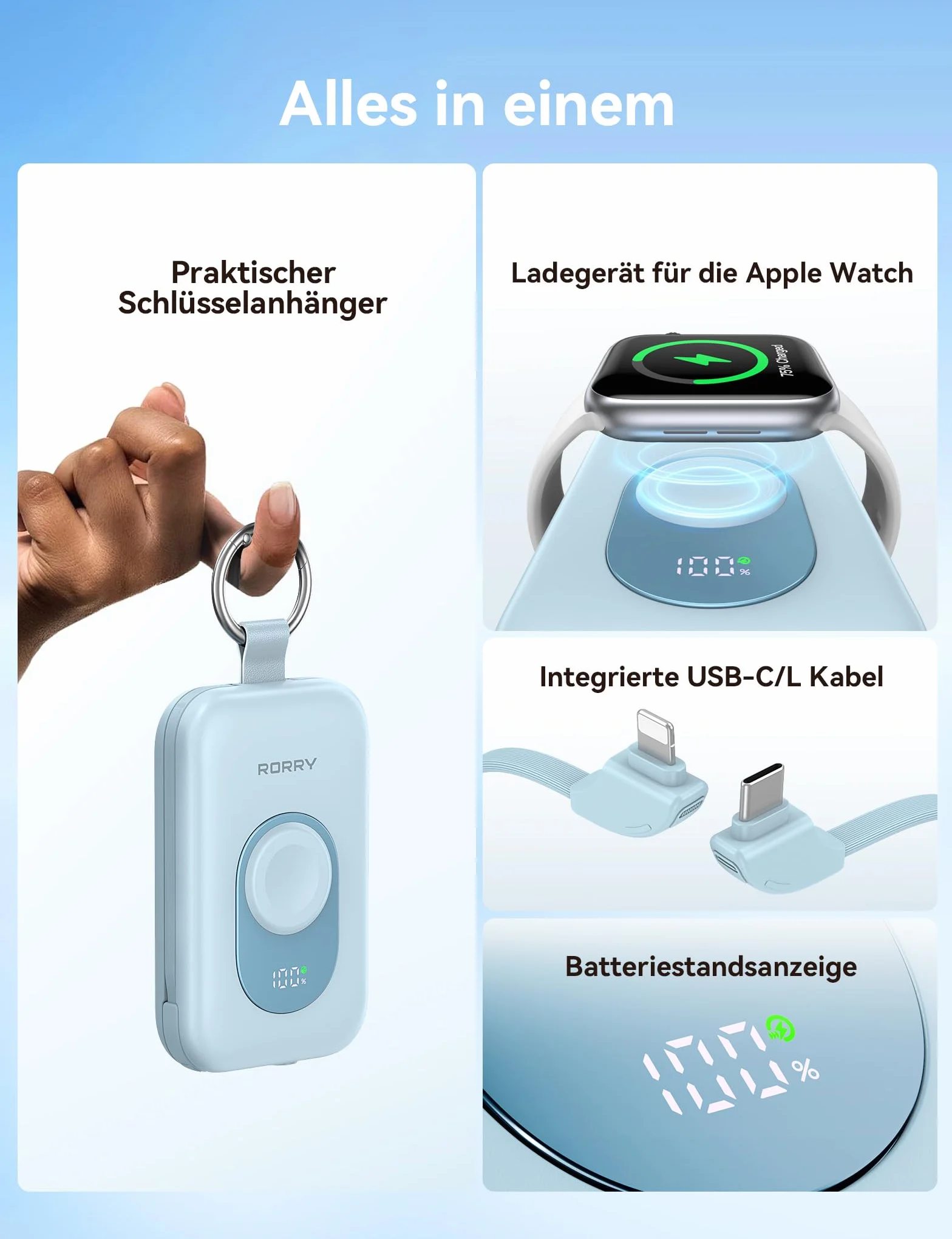 RORRY Powerbank, Power Bank 20 000 mAh, 30 W PD, szybkie ładowanie, przenośna ładowarka z 2 wbudowanymi kablami, zewnętrzna bateria do telefonu komórkowego z brelokiem do kluczy, niezbędna podróż do