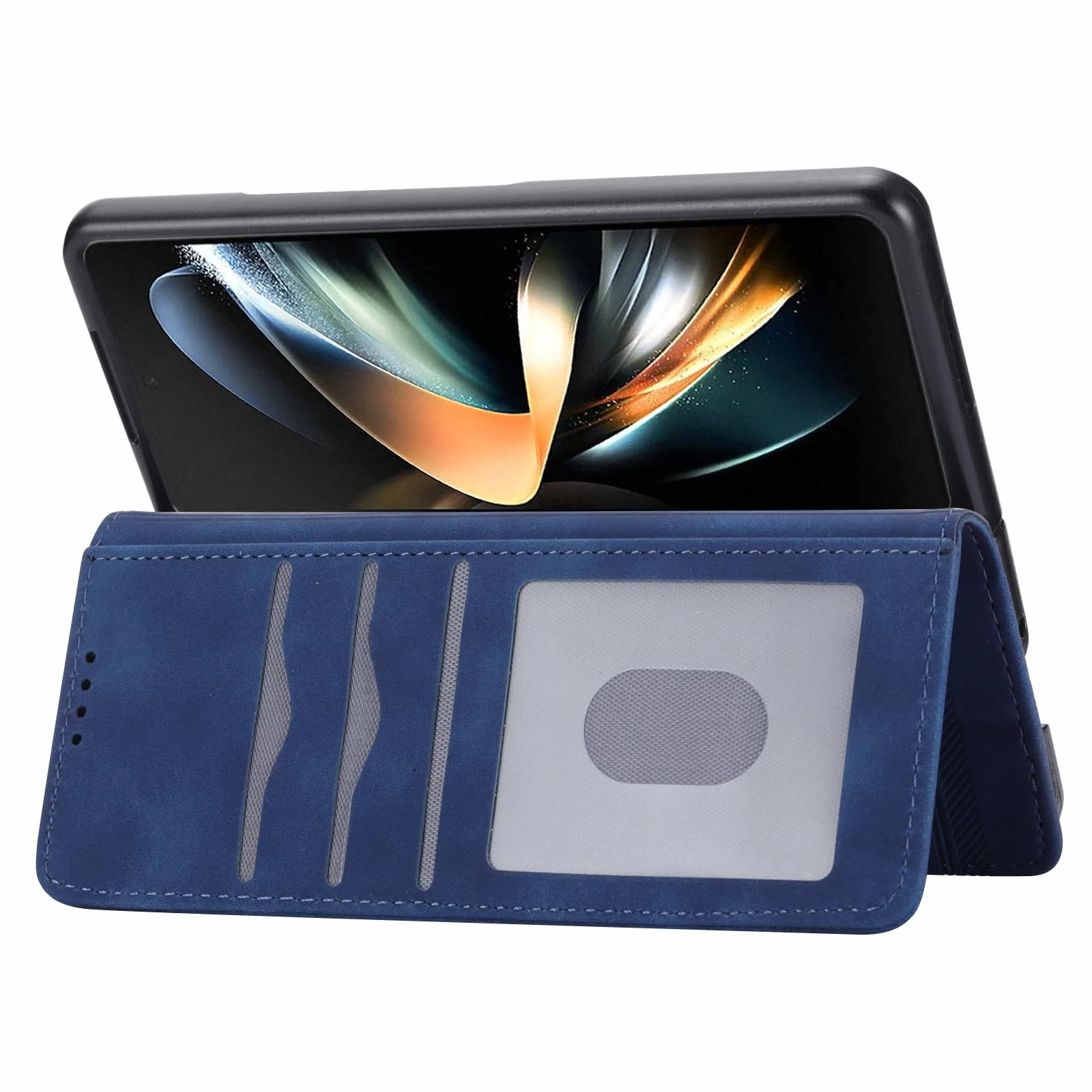 Portfel ochronny do Samsunga Galaxy Z Fold 5, skórzane etui z klapką z paskiem na nadgarstek, miejsce na kartę, pełna ochrona ciała, etui na telefon komórkowy, niebieski