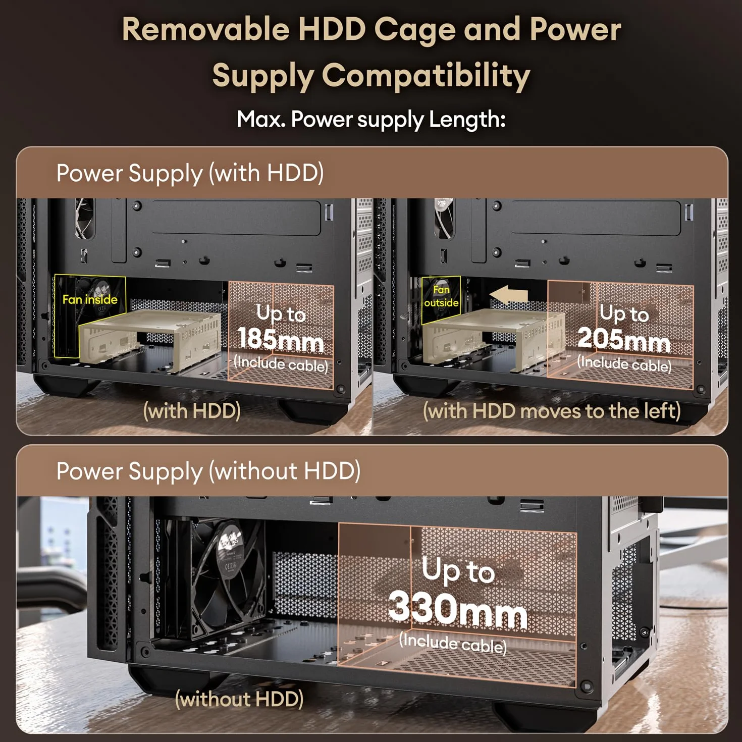 Okinos Drewniana obudowa Micro ATX, 4 × 120 mm 3-pinowe wentylatory bez PWM wstępnie zainstalowane, panel boczny ze szkła hartowanego, z type-C, czarny, cyprys 3 drewno