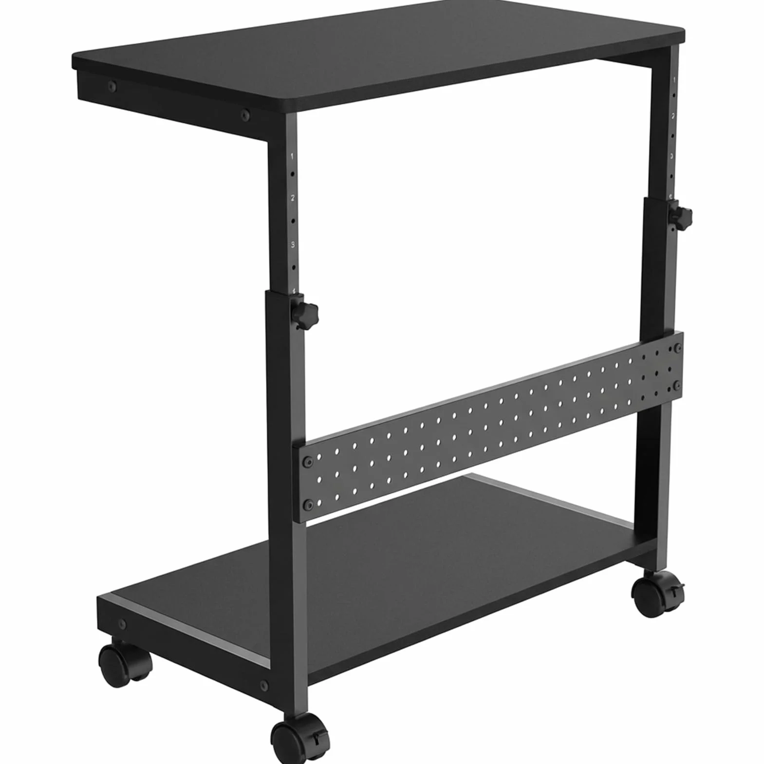 Perforowany metalowy uchwyt na wieżę komputerową, wózek na kółkach z wielofunkcyjną półką, wentylowany do chłodzenia, nowoczesny design, czarny