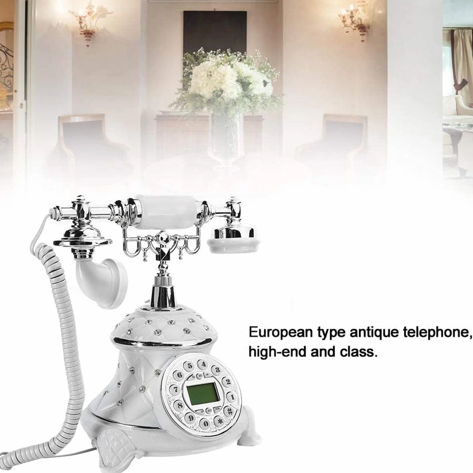 Vintage antyczny stary telefon. Biały europejski styl staromodne telefony stacjonarne biurko przewodowy telefon do domu biura hotelu wystrój