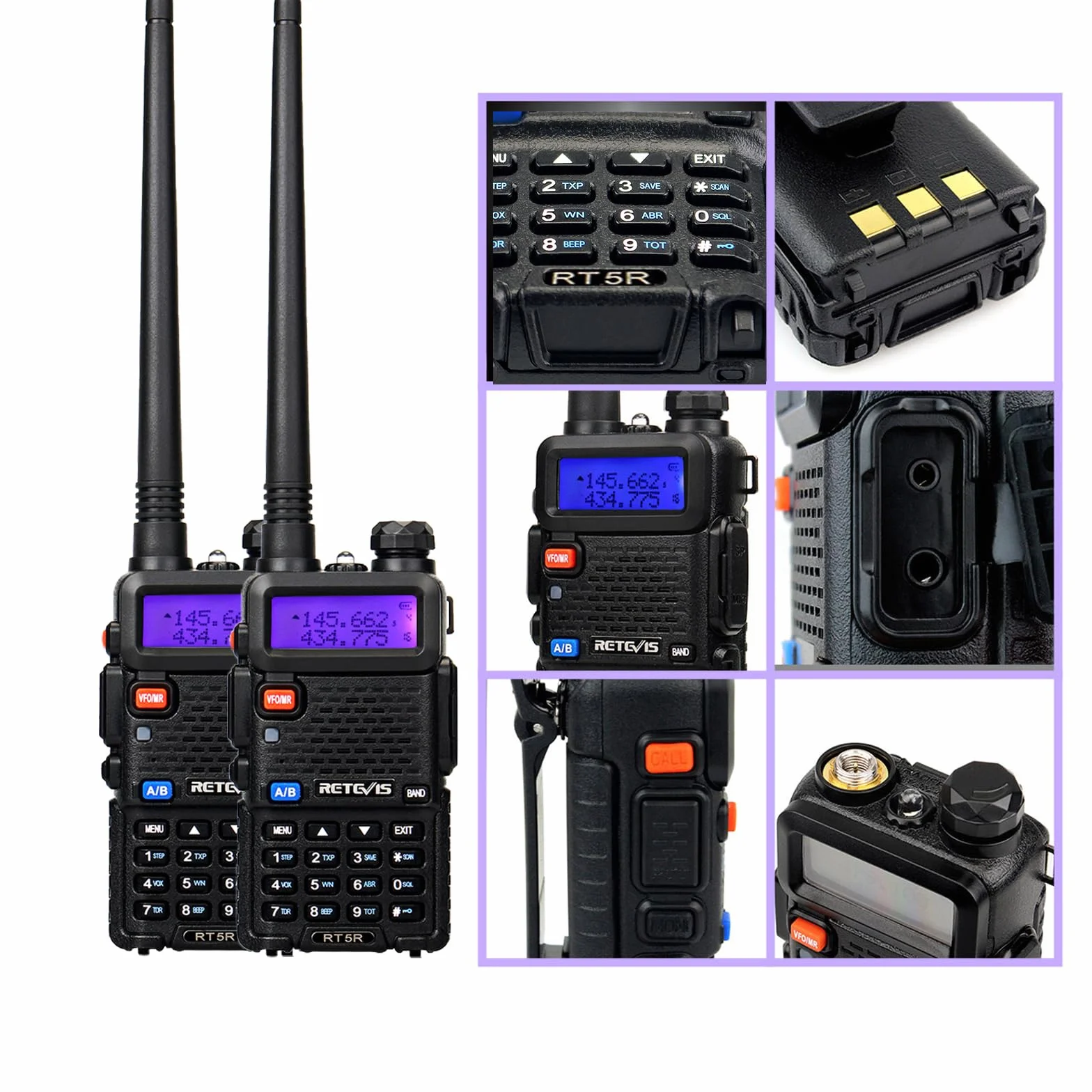 Retevis RT5R Walkie Talkie Professional, Dwuzakresowy Walkie Talkie Dalekiego Zasięgu z Ładowarką USB, Krótkofalówka 128 Kanałów VOX FM Radio Alarm Awaryjny Magazynu, Polowanie, Nagły (Czarny, 2 Szt)