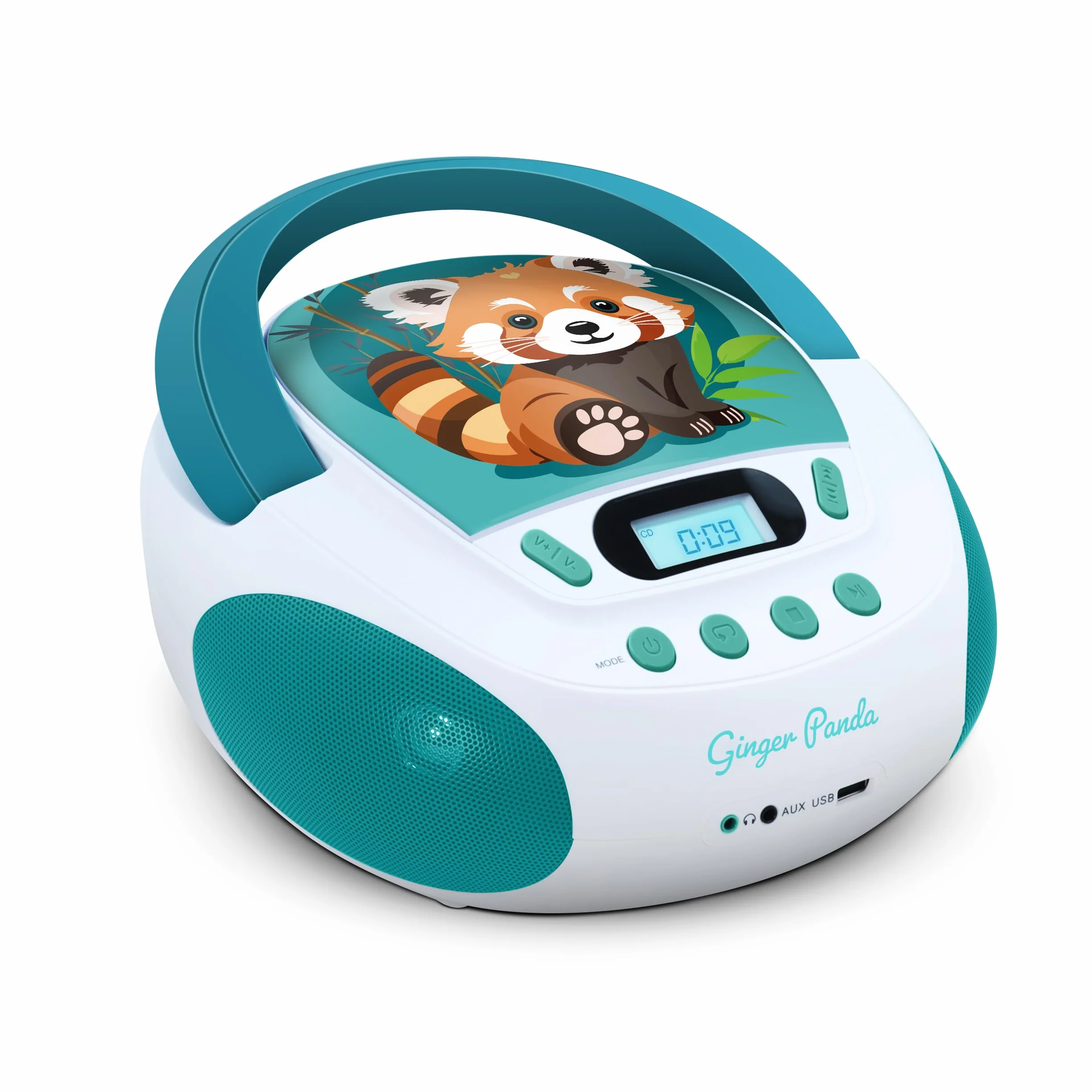 MOOOV 477414 Czerwona Panda Odtwarzacz CD dla dzieci i port USB - AUX-in - Gniazdo słuchawkowe - przenośna stacja z uchwytem do przenoszenia - Zasilanie sieciowe lub baterie - zielony i biały