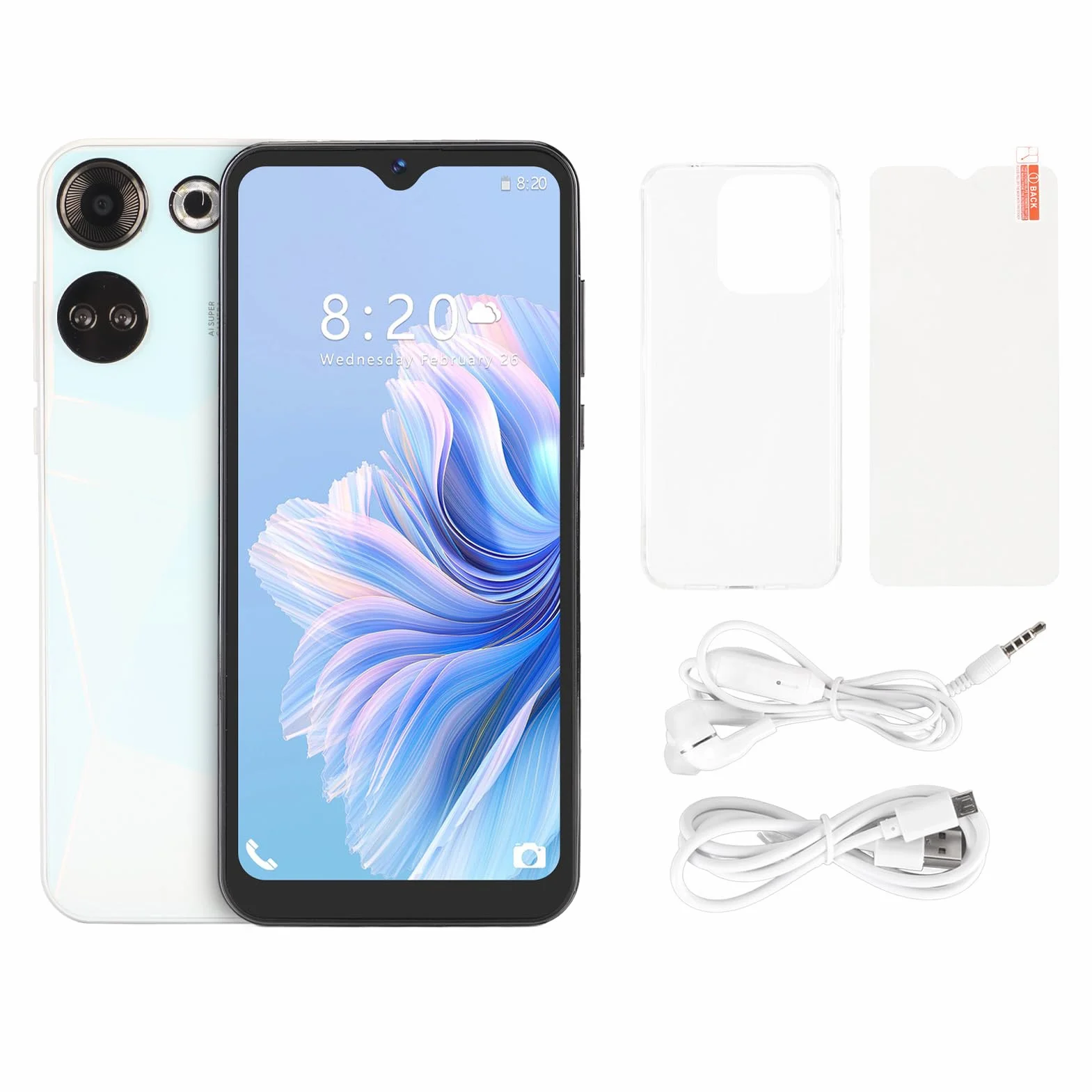 C20 Pro Smart Phone, 6,49 Cala Ekran HD 8 GB RAM 64 GB ROM MT6580A CPU 24MP Tylna Kamera 8000 MAh Bateria z Rozpoznawaniem Twarzy, na 12 (WHITE)