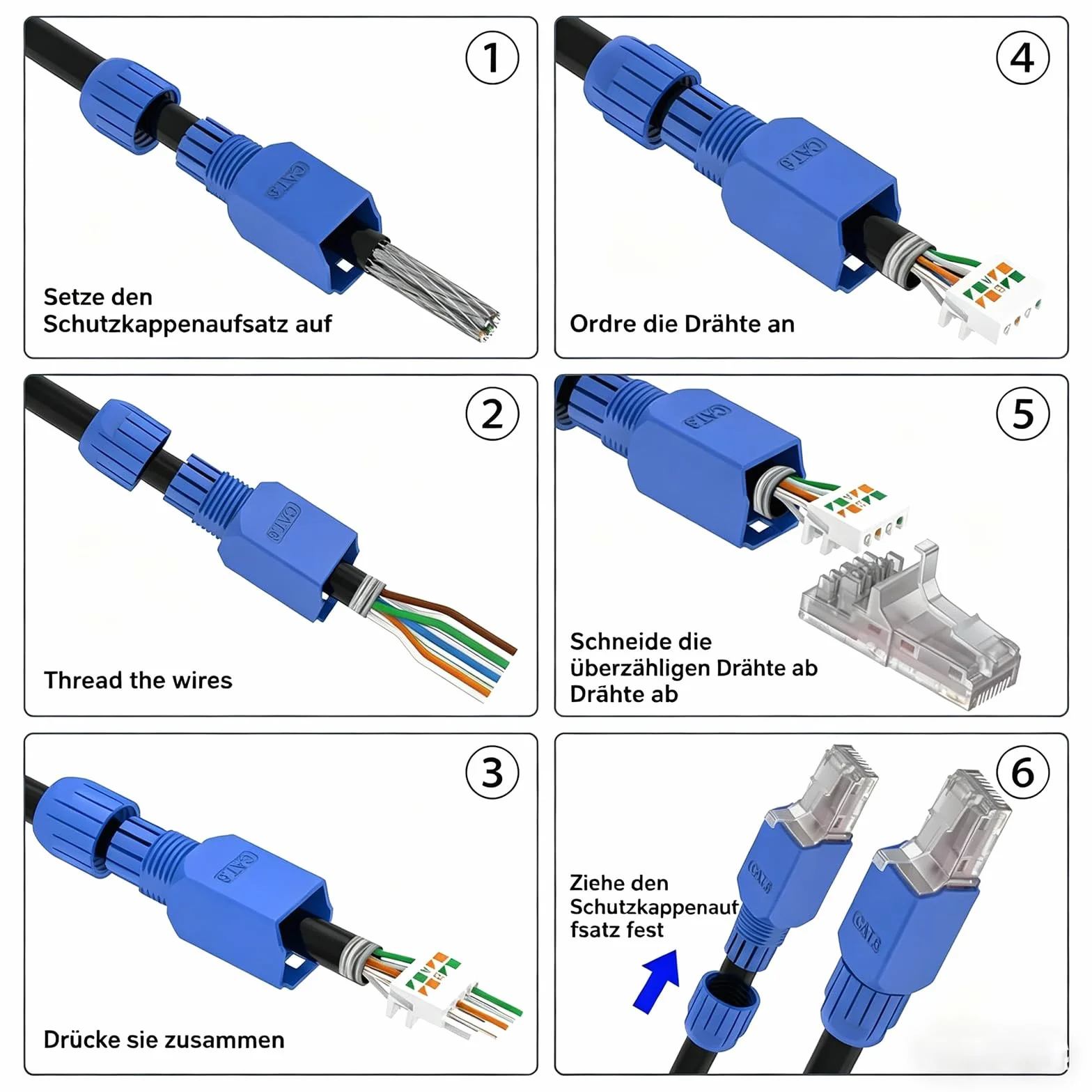 Powice Cat7 RJ45 wtyczka beznarzędziowa, niebieska, 2 sztuki