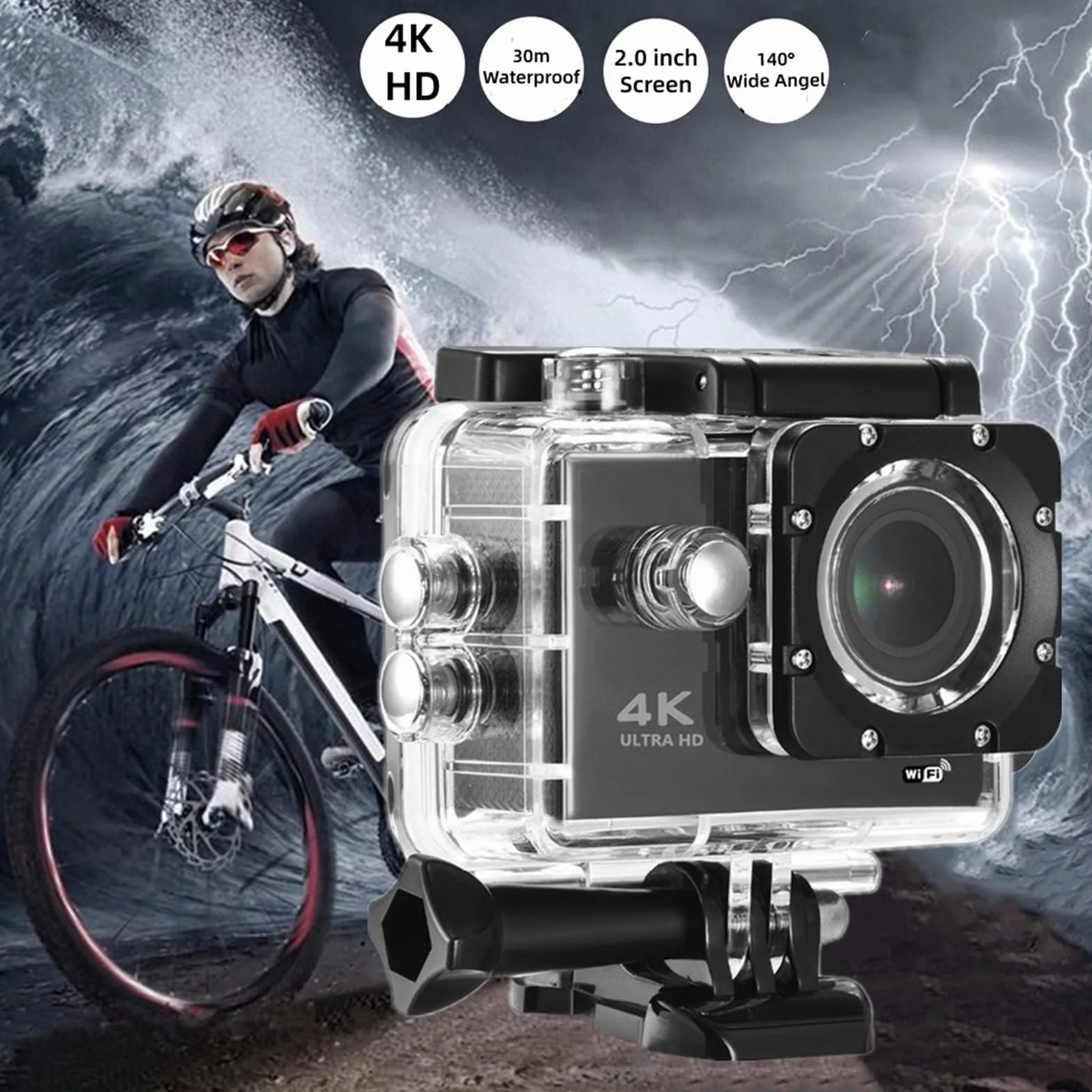 Kamery akcji 4K Ultra. HD. Mini Action Camera, 2,0 "Ekran Sport WiFi DV. Kamera, podwodna wodoodporna kamera, kamery kasków do motocykli Wodoodporna i trwała obudowa (Color : Blauw)
