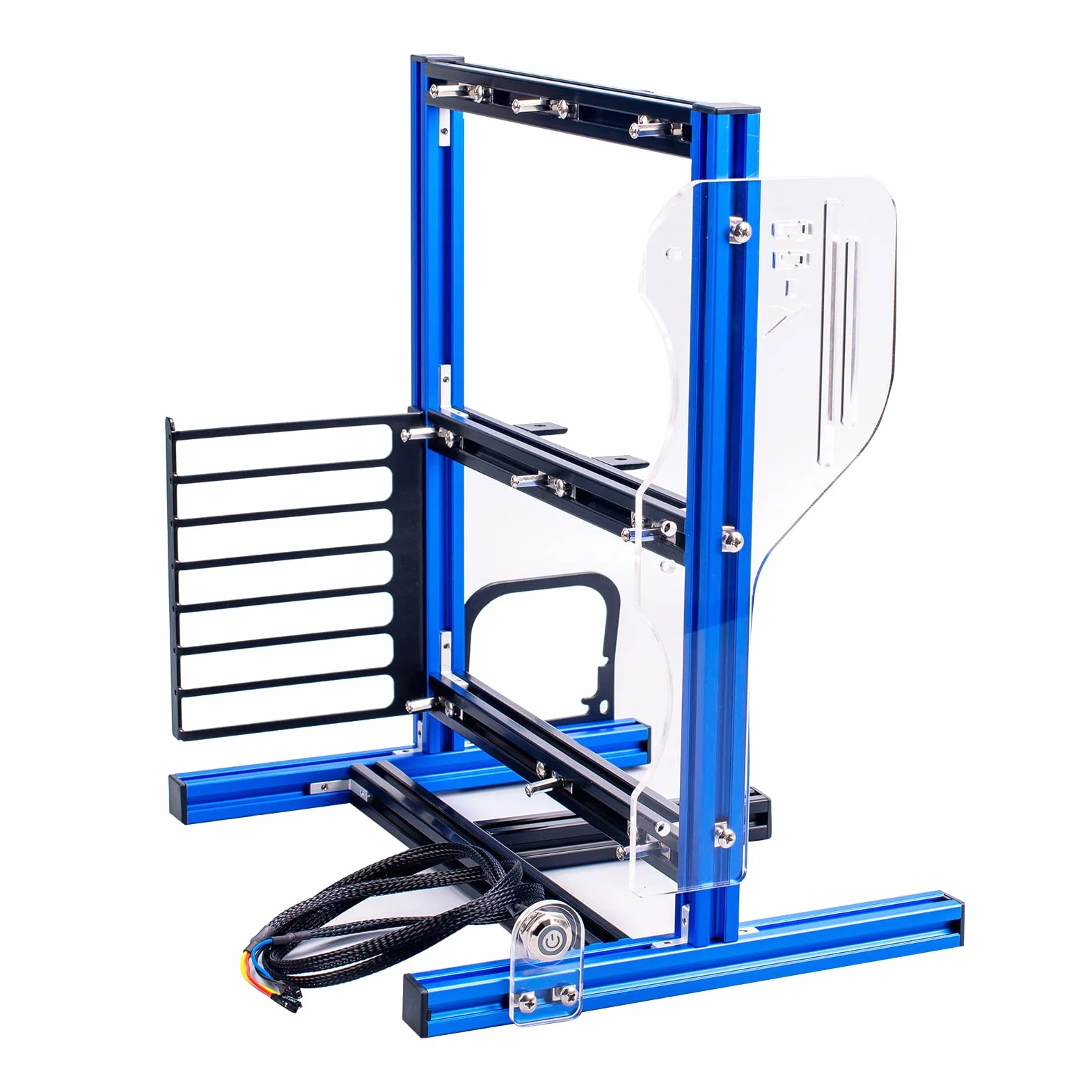 aqxreight Otwarty Wspornik Obudowy Komputera – Pionowa Aluminiowa Rama do Samodzielnego Montażu do Płyt Głównych ATX/M-ATX/ITX z Doskonałym Odprowadzaniem Ciepła i 7 Gniazdami PCI (niebiesko-czarny)