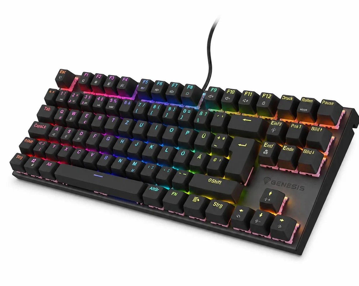 Genesis Thor 303 TKL mechaniczna klawiatura gamingowa QWERTZ, Brown Switch Gaming Keyboard 80%, Outemu Brown, Hot-Swap, oświetlenie RGB, 88 przycisków, Anti-Ghosting, USB-A, czarna