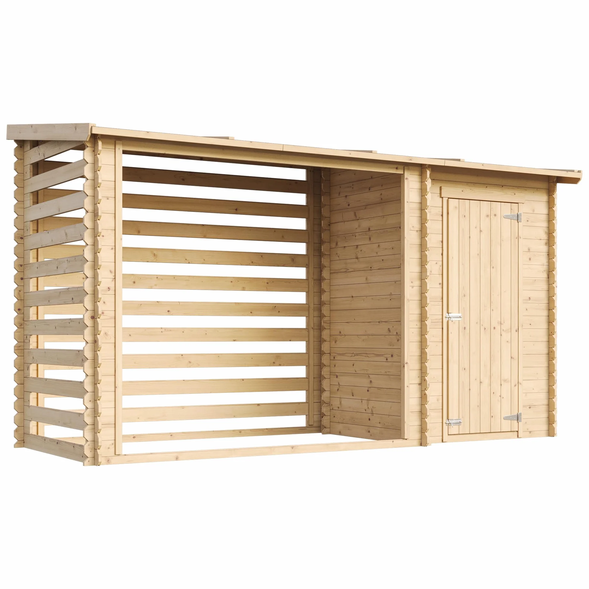 TIMBELA Drewniana szopa ogrodowa M205 – domek ogrodowy z regałem na drewno opałowe – domek ogrodowy z drewna szer. 344 x dł. 146 x wys. 199 cm / 3,64 m2 – szopa ogrodowa z wodoodpornym dachem –