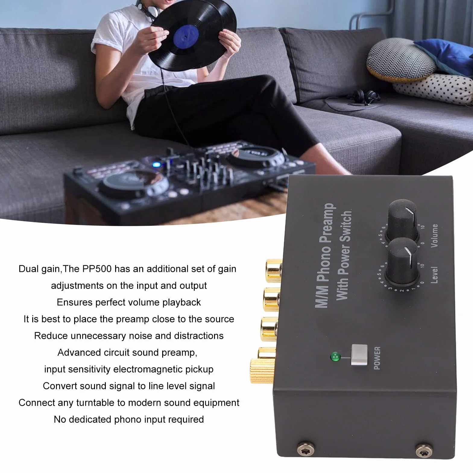 Przedwzmacniacz gramofonowy z zasilaczem DC 12V z wejściem stereo Rca i wyjściem Rca, redukujący niepożądane szumy i zakłócenia