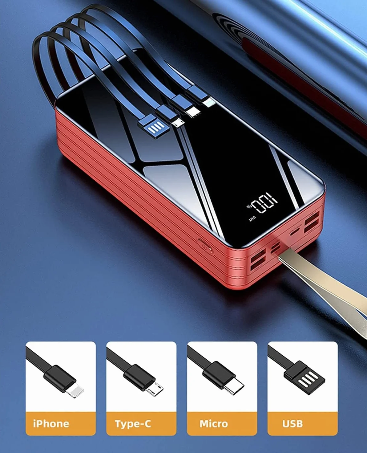 Przenośna ładowarka powerbank wbudowane kable do ładowania prosta stylowa i kompaktowa konstrukcja szybkie ładowanie 40000-100000 mAh akumulator USB o dużej pojemności do smartfonów, tabletów, konsol