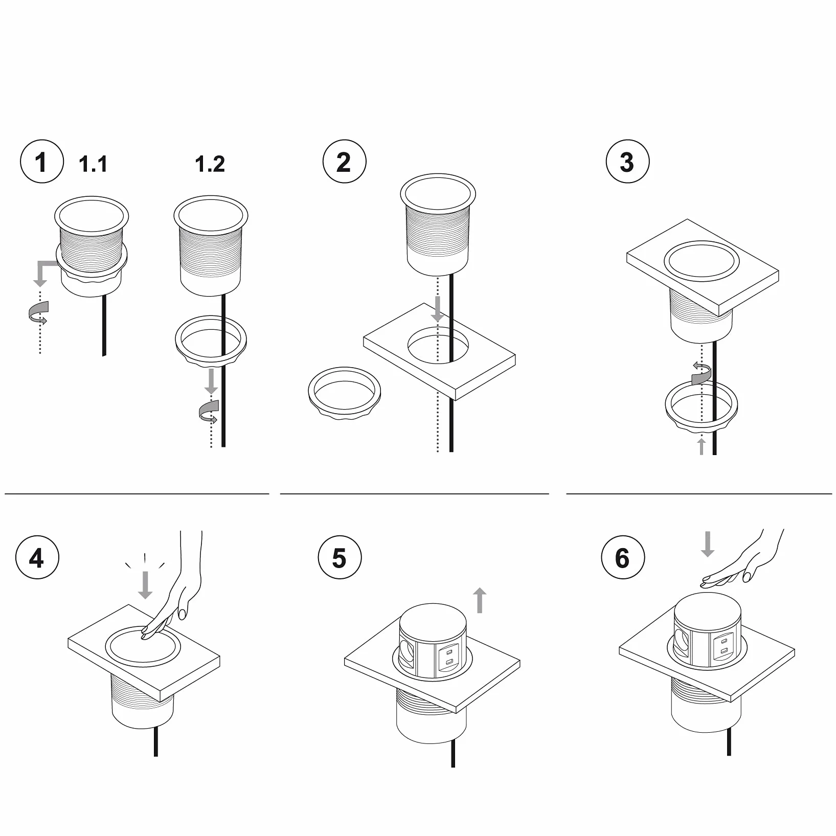Electraline 35446 Listwa zasilająca chowana do blatu z 3 gniazdami w standardzie francuskim 16A + 2 USB 3.1A (1 USB typ A + 1 USB typ C) 15,5W, Wbudowane gniazdo do kuchni, Średnica 120mm, 2M