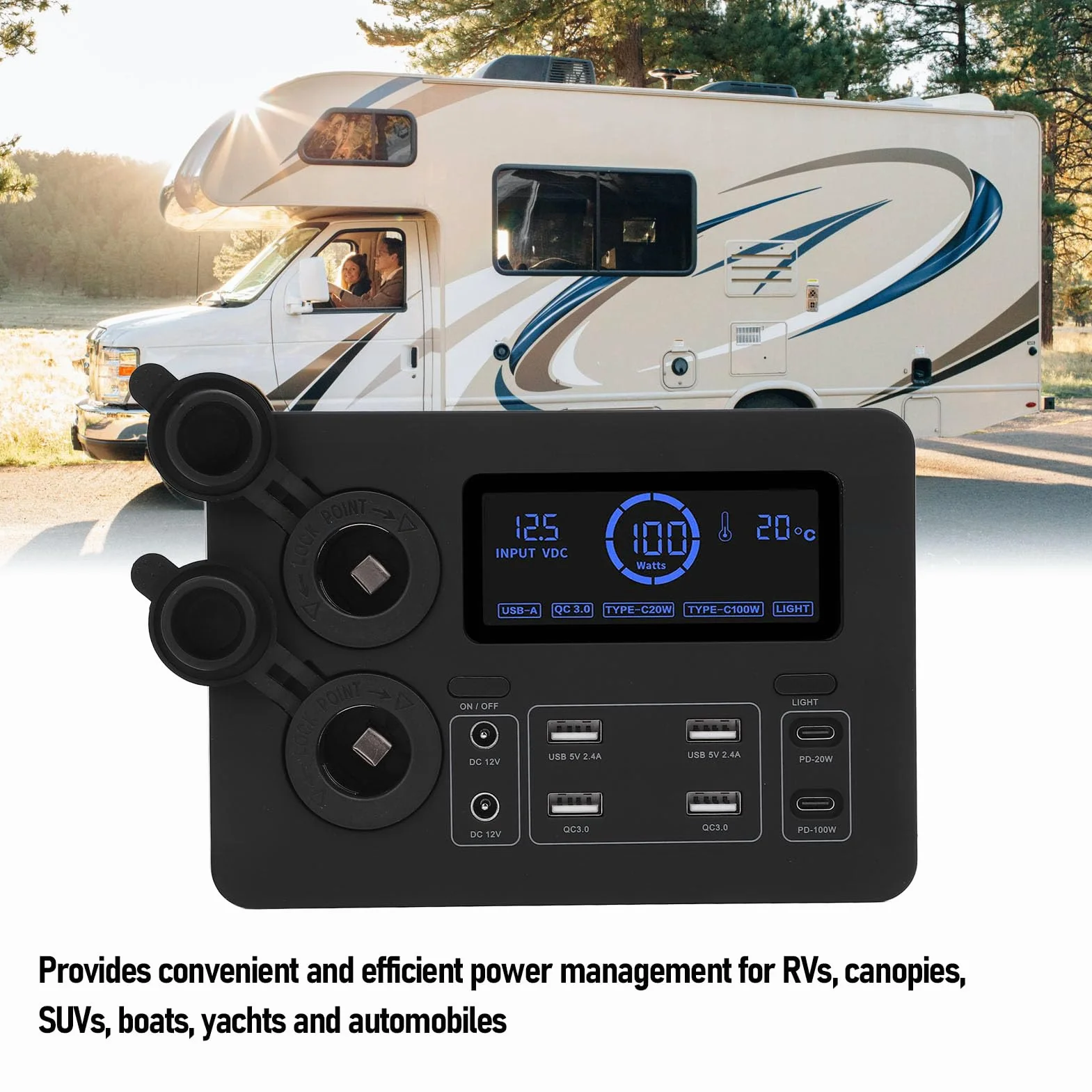 12V Pasuje do Mini Zasilacza Wydajna ładowarka do Wielu urządzeń z Wyświetlaczem LCD Podróży Samochodem RV Boat Przenośna Konstrukcja
