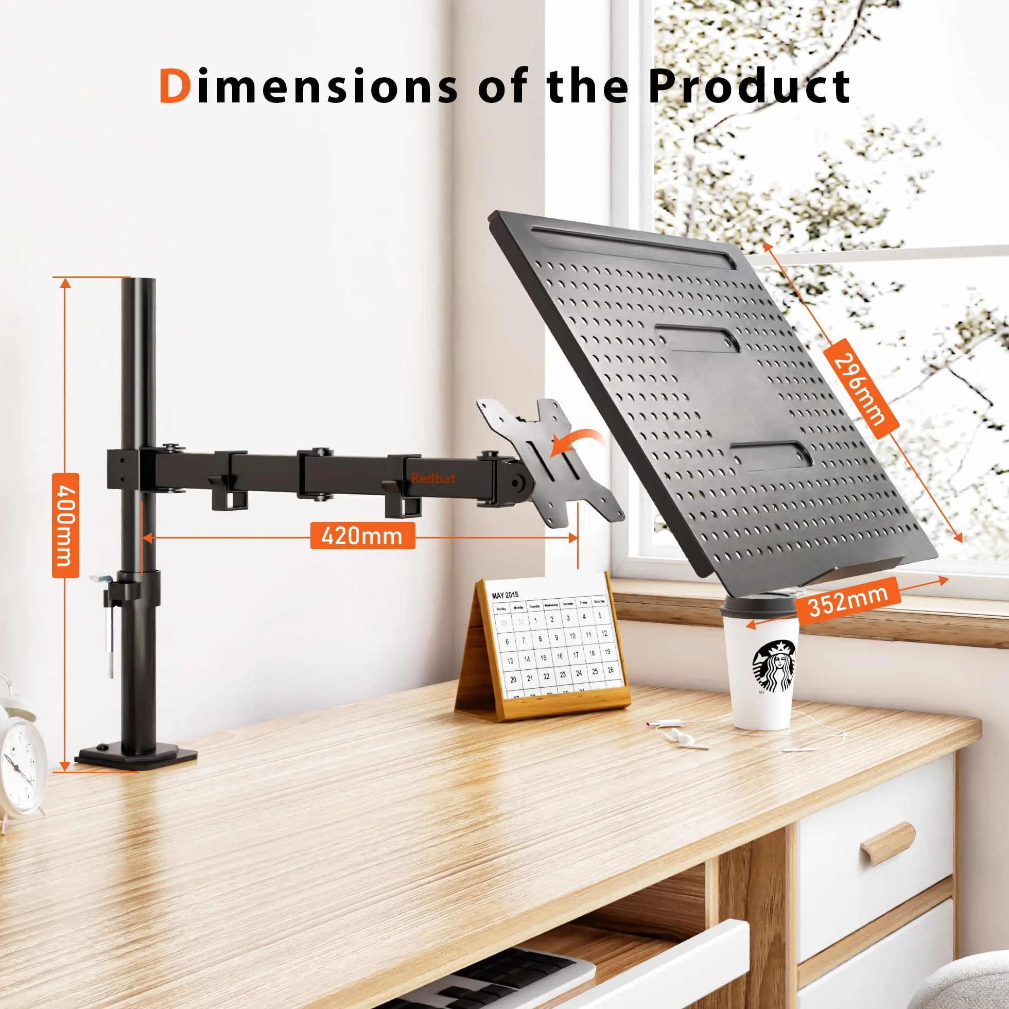 REDBAT Ergonomiczny Uchwyt na Laptopa do 16″ z Regulacją Wysokości i Półką na Monitor 13-32″ - Stojak na Biurko z 2 Opcjami Montażu, VESA 75x75/100x100mm, Do 8 kg