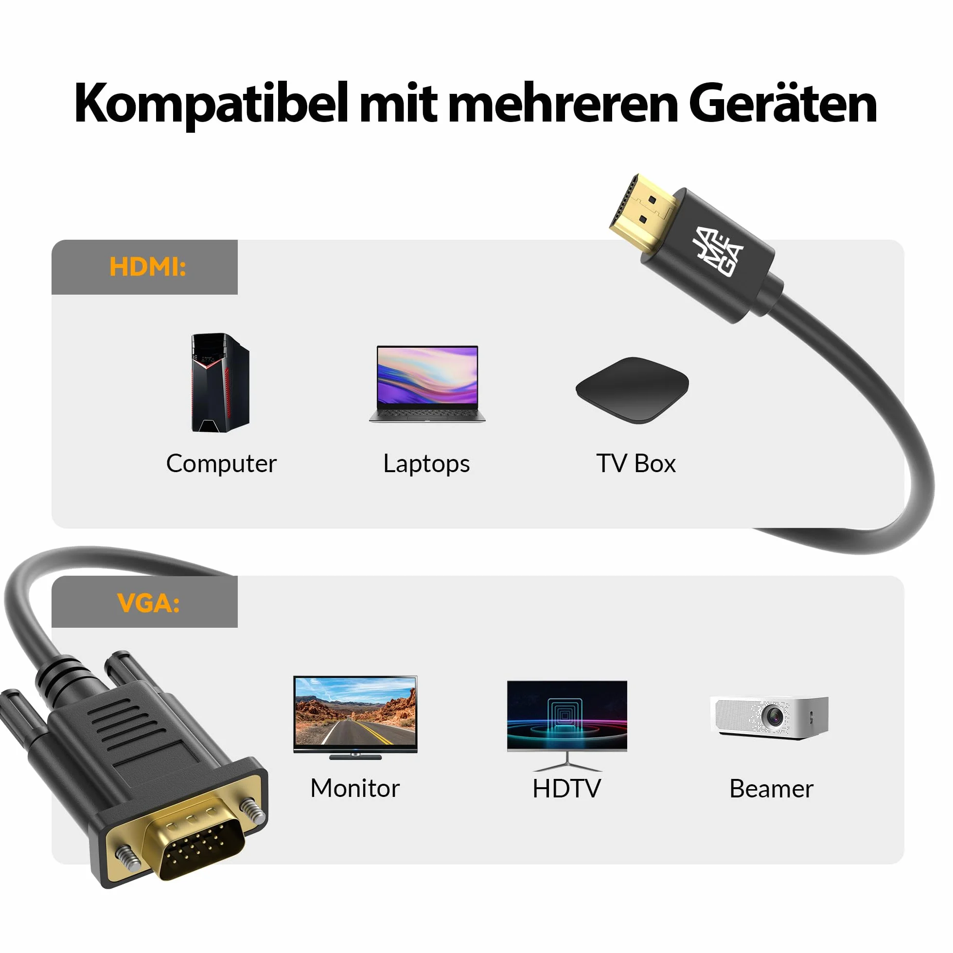 JAMEGA - Kabel konwertera HDMI na VGA 1,5 m | pozłacany HDMI na VGA D-SUB 15-pinowy HDTV 1080P rozdzielczość kompatybilny z komputerem, komputerem, laptopem, komputerem, projektorem