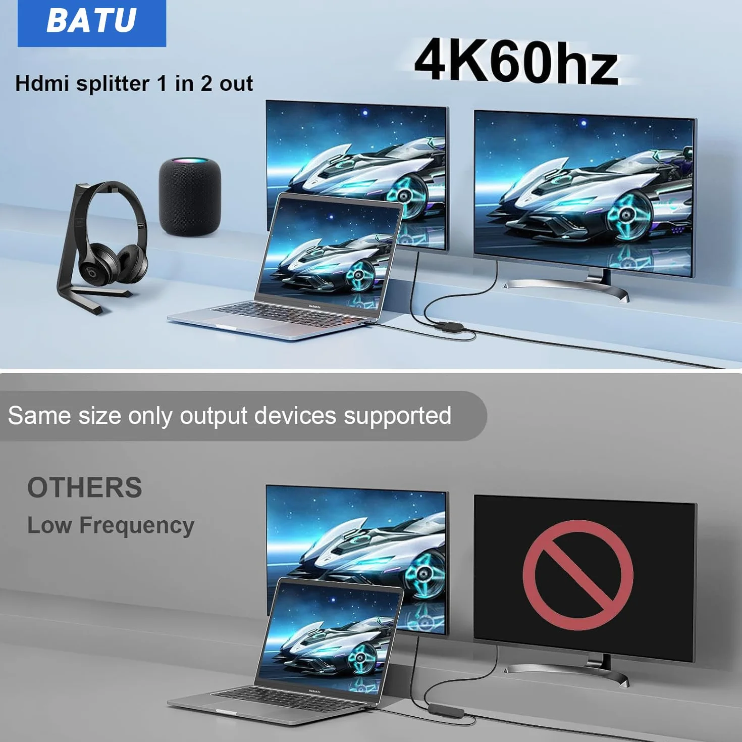 Rozdzielacz HDMI 4K 60 Hz 1 w 2 wyjścia HDMI męski na podwójny żeński HDMI 2.0 z kablem zasilającym USB do HDMI HD, LED, LCD, telewizora, podwójne monitory, duplikowane lustro, obsługa 3D Full HD