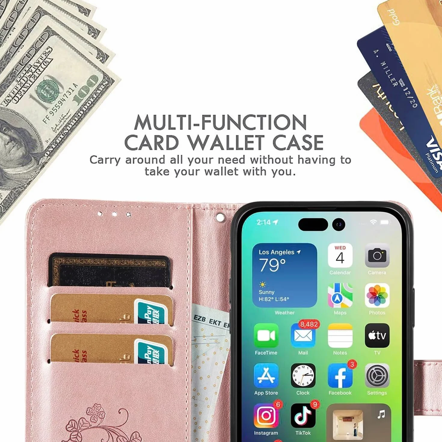 RankOne Skórzane etui do Motorola Moto Edge 50 Neo/ThinkPhone 25 (6,36 cala), pokrowiec z klapką z 3 gniazdami na karty 1 czterolistną kieszenią na monety wzór koniczyny - szary