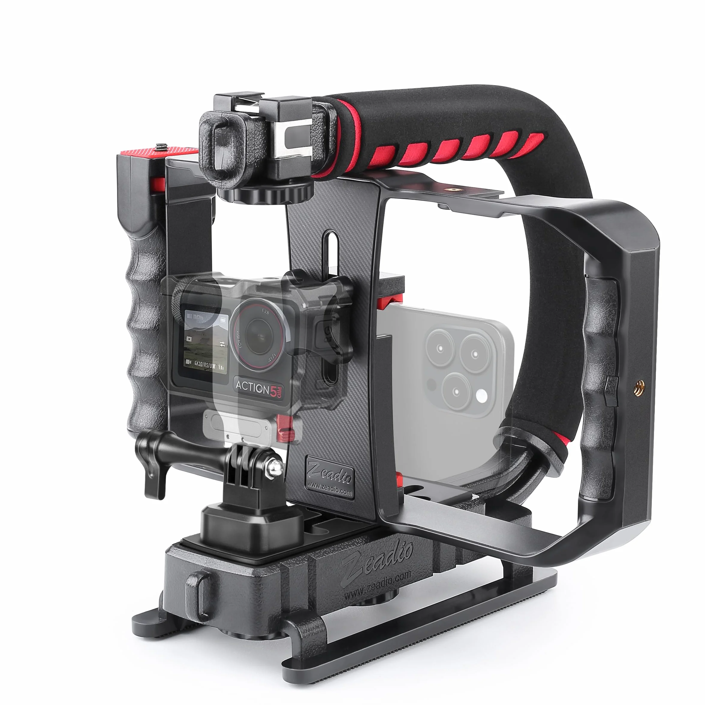 Zeadio Ręczny stabilizator wideo ze smartfonem klatka wideo, potrójny uchwyt zimnego buta kompatybilny ze wszystkimi kamerami akcji DSLR Smartphone