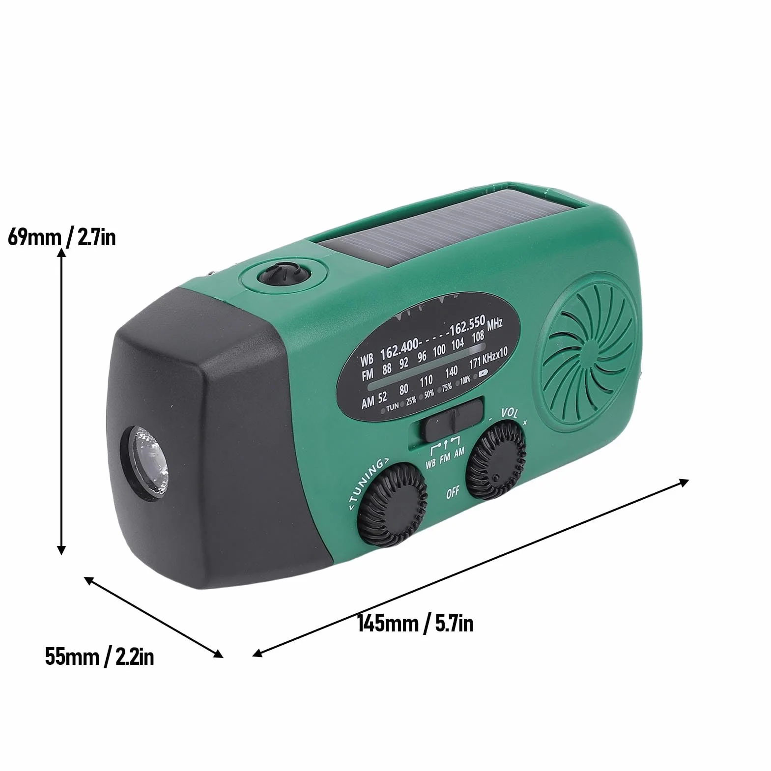 Radio Awaryjne z korbką ręczną Zasilane energią słoneczną, Radio z korbką ręczną i latarką LED do zastosowań Awaryjnych z ładowarką do Telefonu Power Bank o Pojemności 2000 MAh, (GREEN)