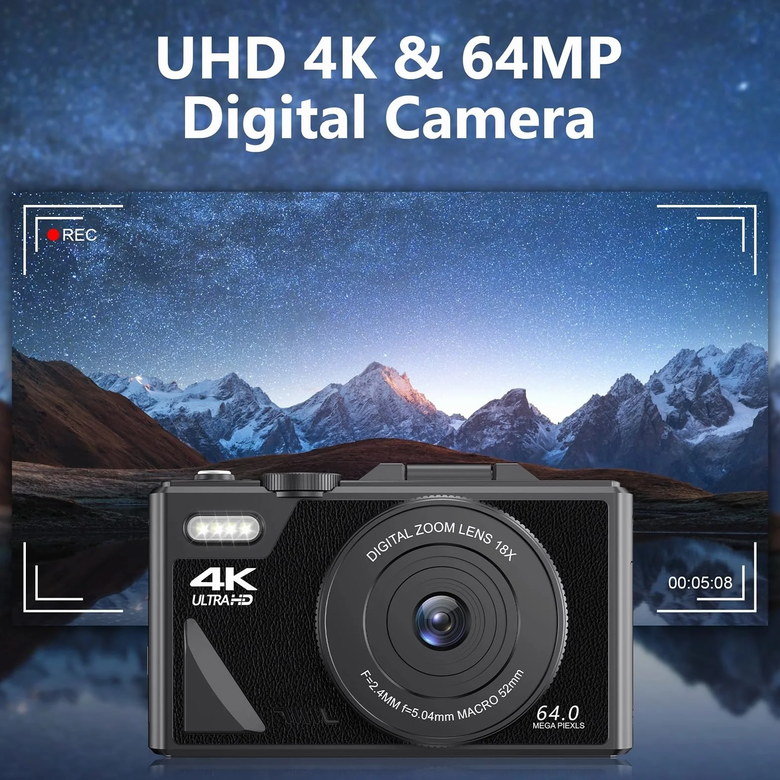 Kieszonkowy Aparat Cyfrowy do Fotografii, Aparat Typu „wyceluj i Zrób zdjęcie” UHD 4K 64 MP z 3-calowym Odchylanym Ekranem, Mała Kamera Wideo z 18-krotnym Zoomem i Autofokusem,