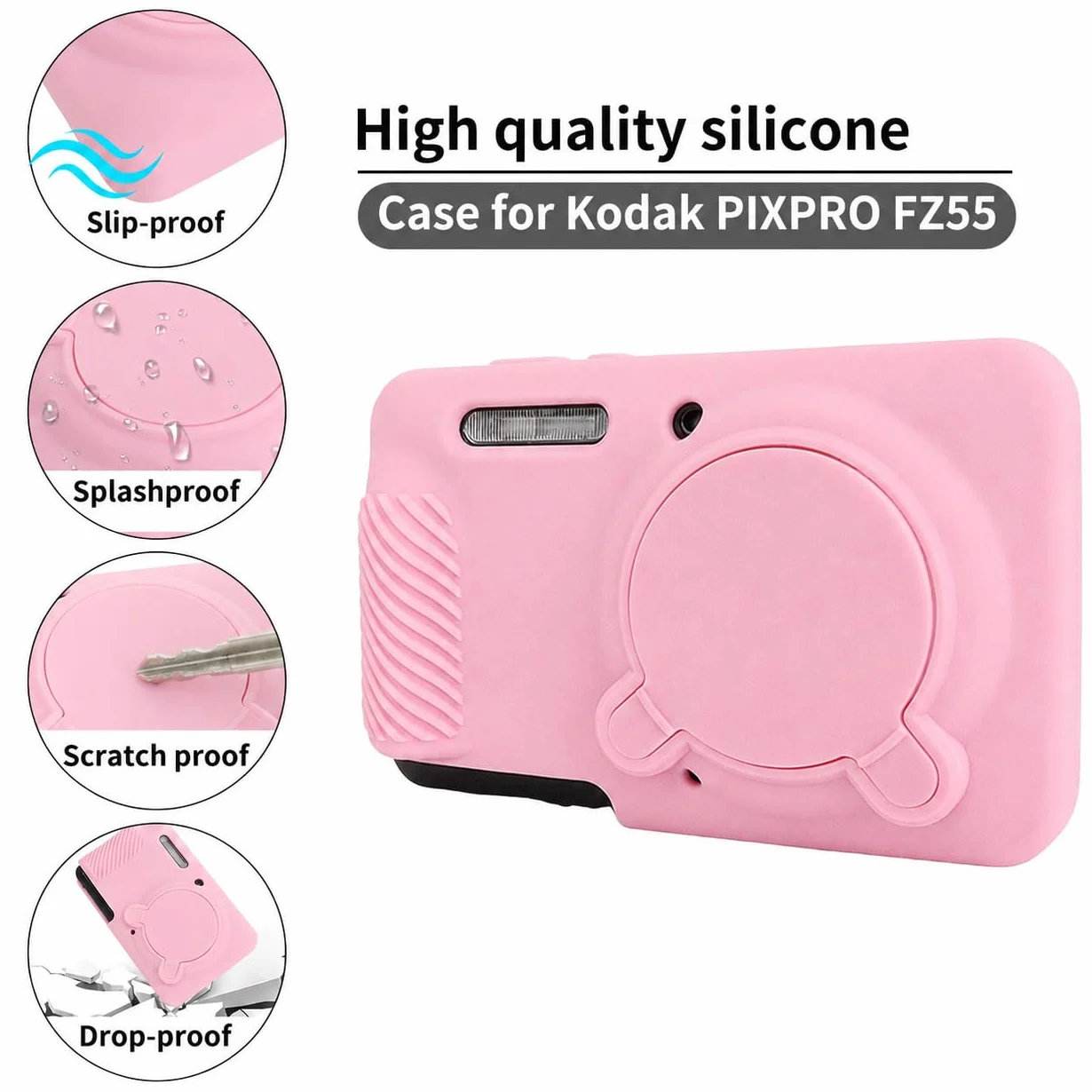 Rieibi Silikonowe Etui do KODAK PIXPRO FZ55, Akcesoria do FZ55 z 2 Folie Ochronne, Różowe