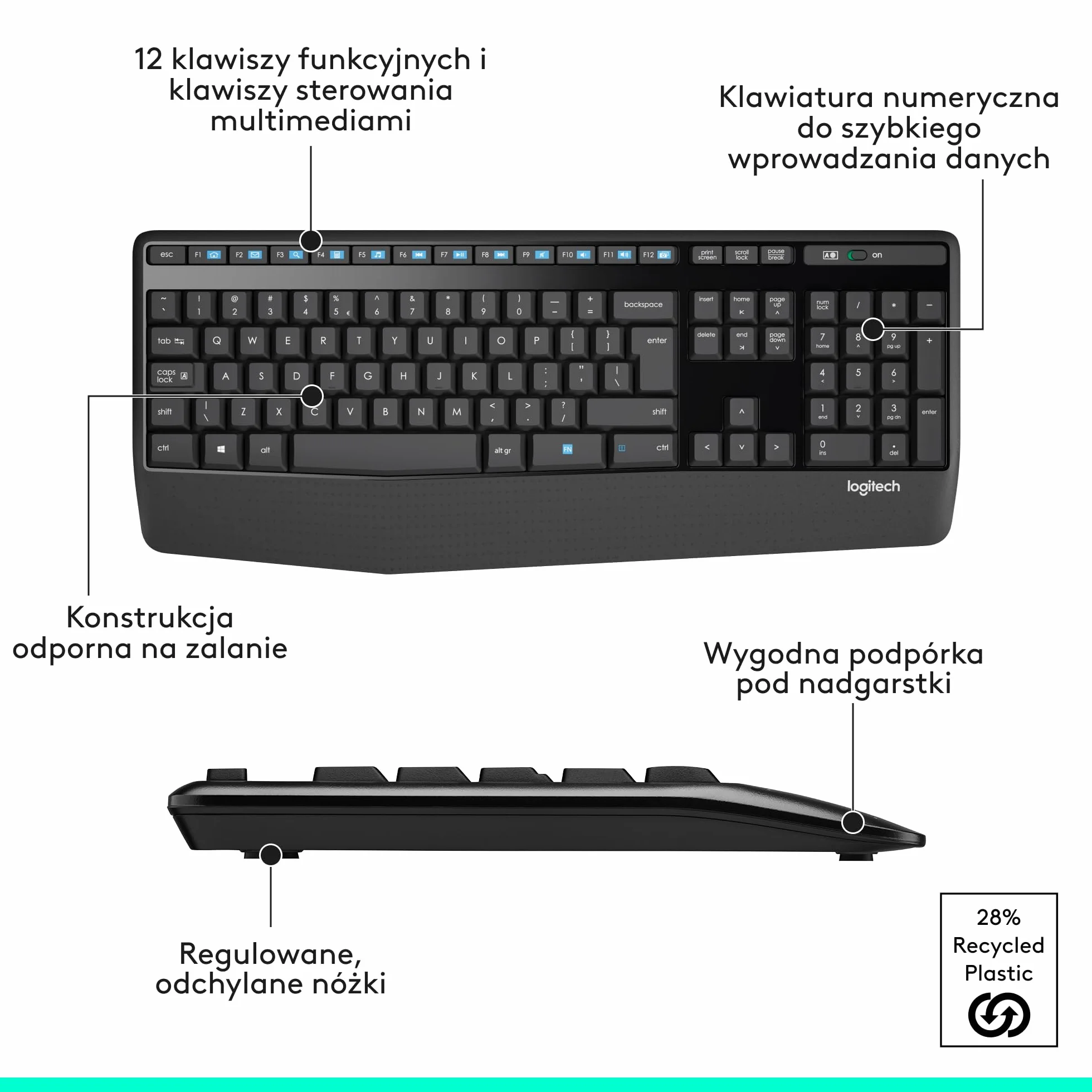 Logitech MK345 Combo Pełnowymiarowy, Bezprzewodowy Zestaw Klawiatura i Mysz z podpórką na nadgarstki, dla praworęcznych, odbiornik USB 2,4 GHz, zgodny z PC, laptopem, QWERTY układ US Intl - Czarny