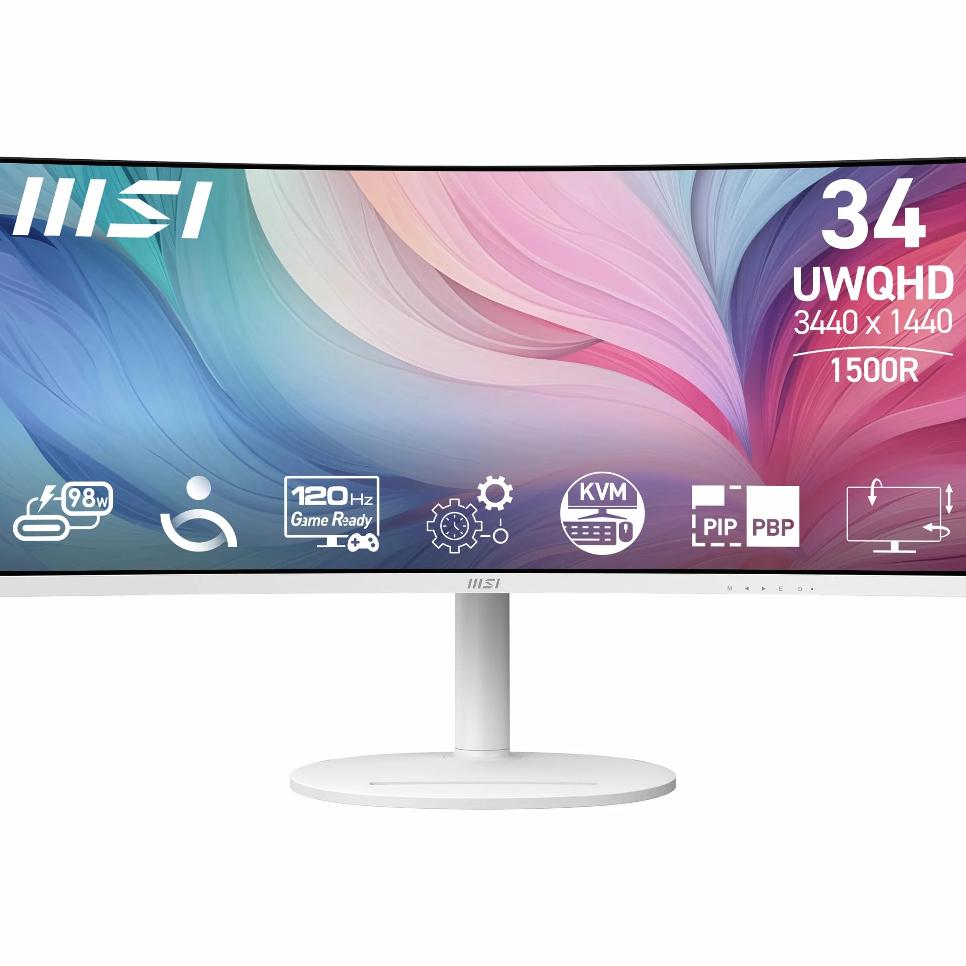 MSI Nowoczesny MD342CQPW 86.4 cm VA 3440 x 1440 (UWQHD) Monitor komputerowy, 120Hz, 1800 zakrzywiony, Adaptive-Sync, HDMI, DP, USBC 98W Power Delivery, KVM, regulacja wysokości, VESA, głośnik, 1 ms,