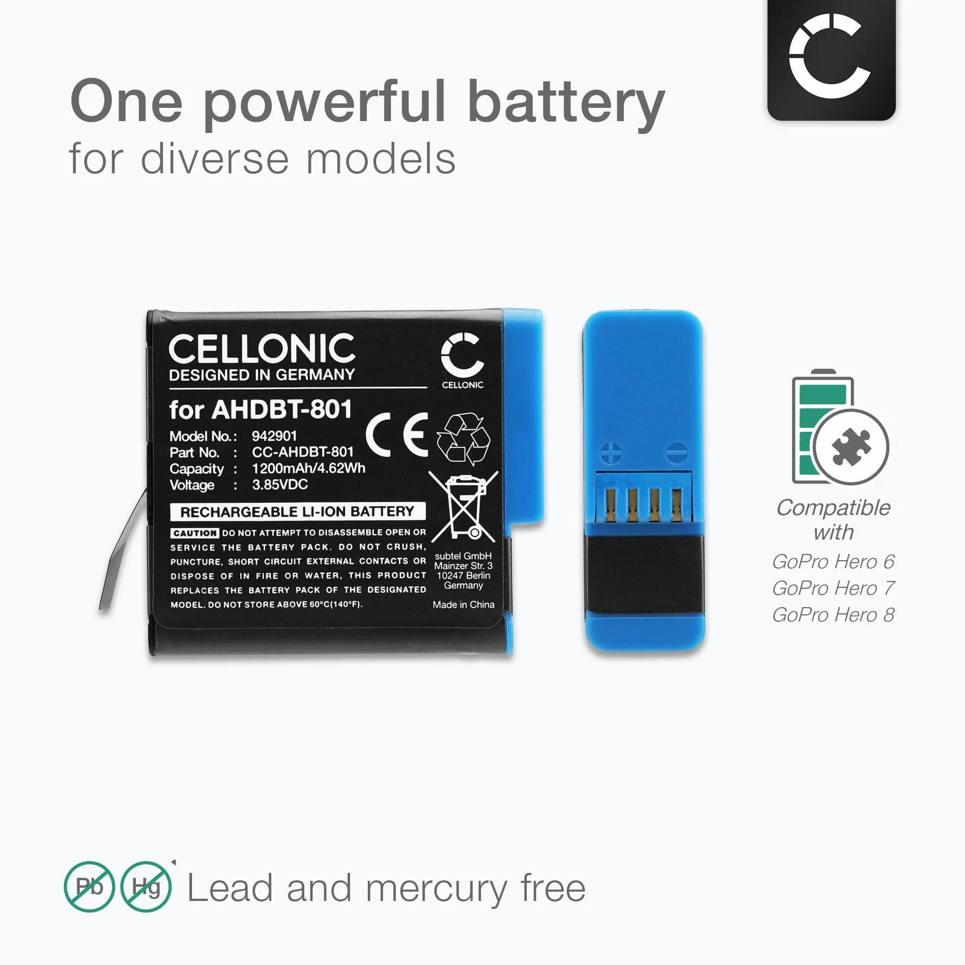 CELLONIC, akumulator do kamery kompatybilny z GoPro Hero 7 Black, 8, 6, 025416, 421850 (3,85V, 1200mAh)