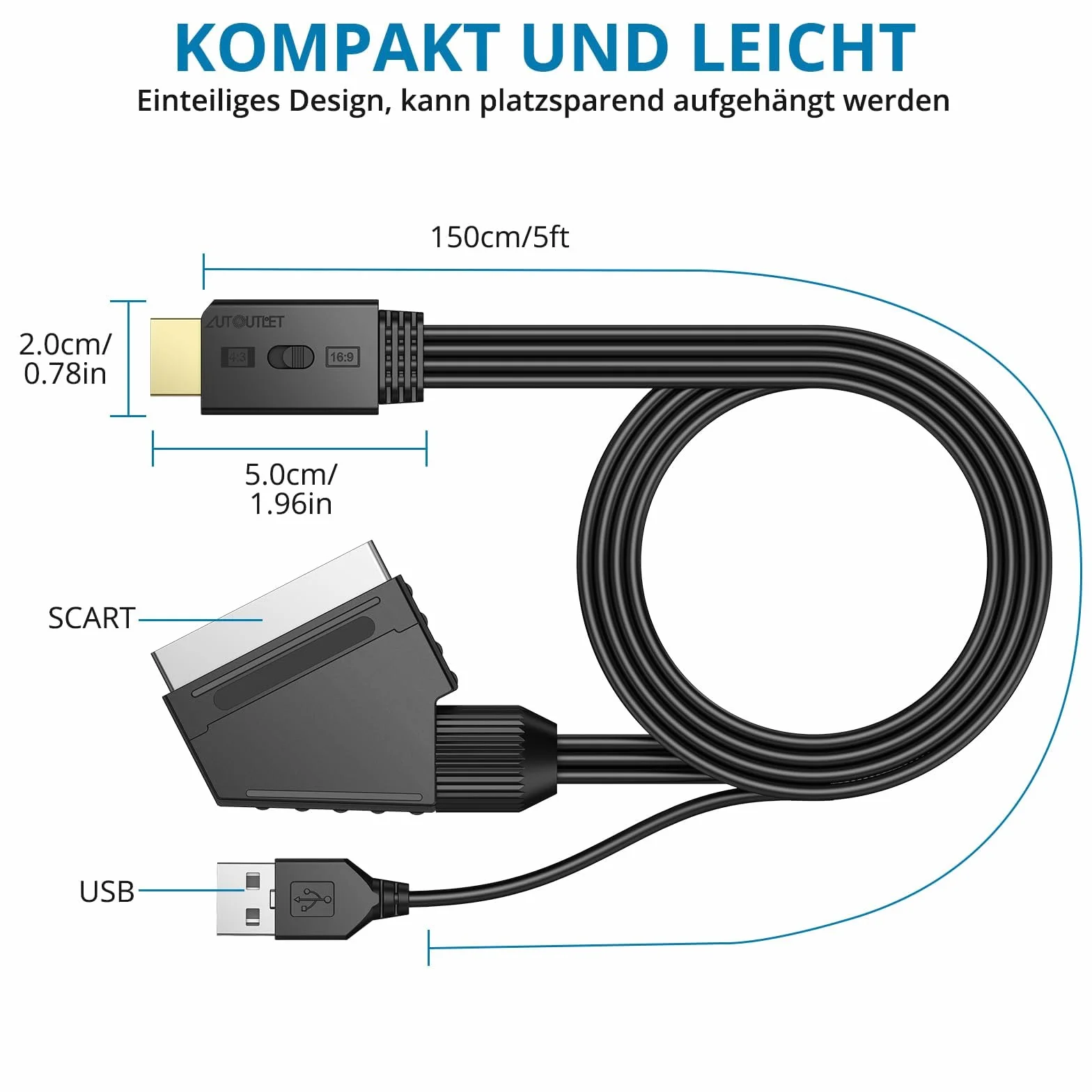 AUTOUTLET Konwerter Scart na HDMI, konwersja 16:9/4:3 i PAL/NTSC, 1080p SCART na HDMI adapter z 150 cm męski zintegrowany kabel, adapter wideo konwerter audio do HDTV, VCR, VHS, DVD