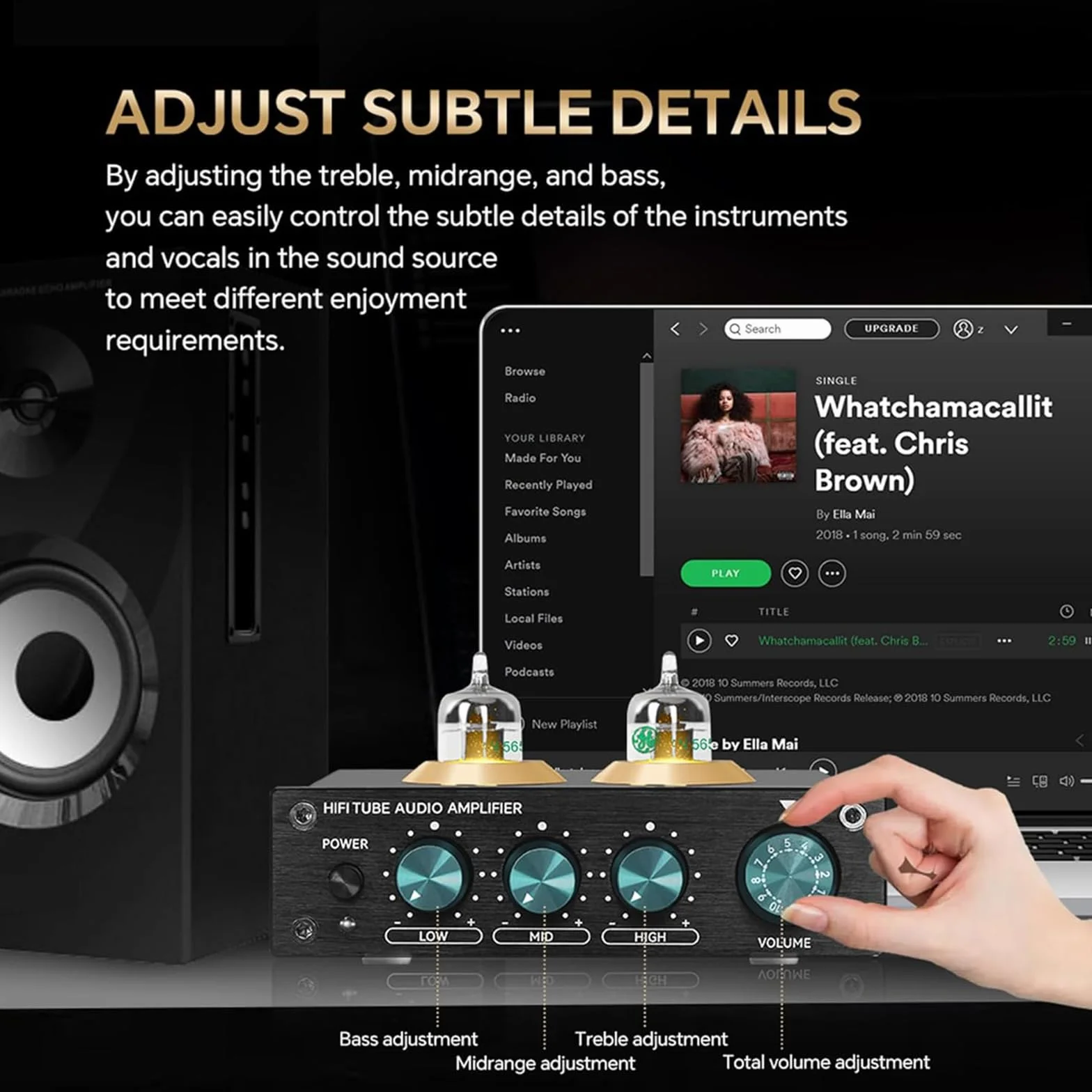 Przedwzmacniacz lampowy HiFi, 2-kanałowy wzmacniacz stereo z lampą próżniową, 3 regulowane ustawienia korekcji dla głośników półkowych, telewizora i odtwarzacza CD