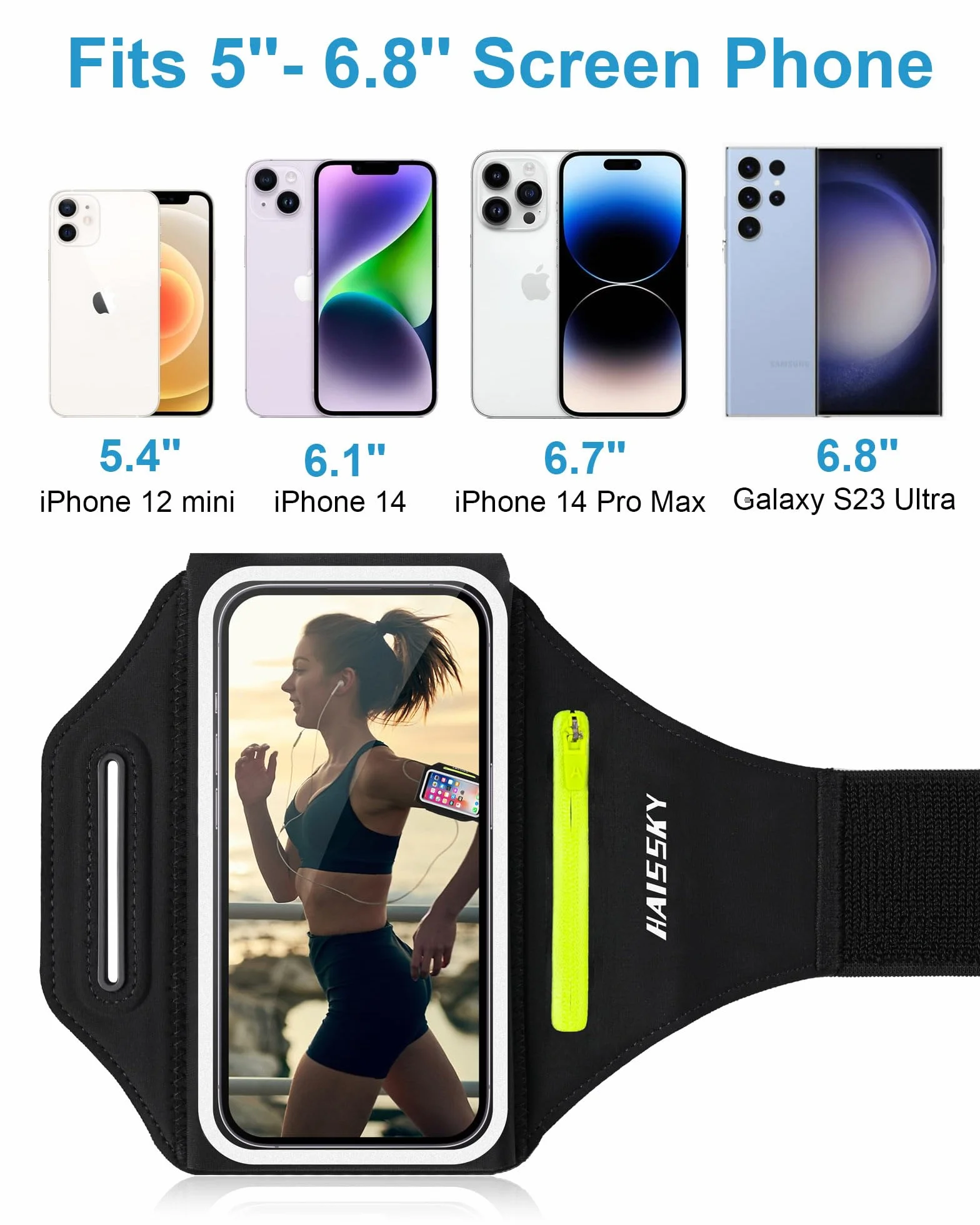 Uchwyt na telefon do biegania z torbą na słuchawki, RAZOBWS Opaska na ramię do iPhone'a 15 14 13 12 11 Pro Max Galaxy S23 S22 Ultra wodoodporna opaska na ramię do grubego etui na telefon