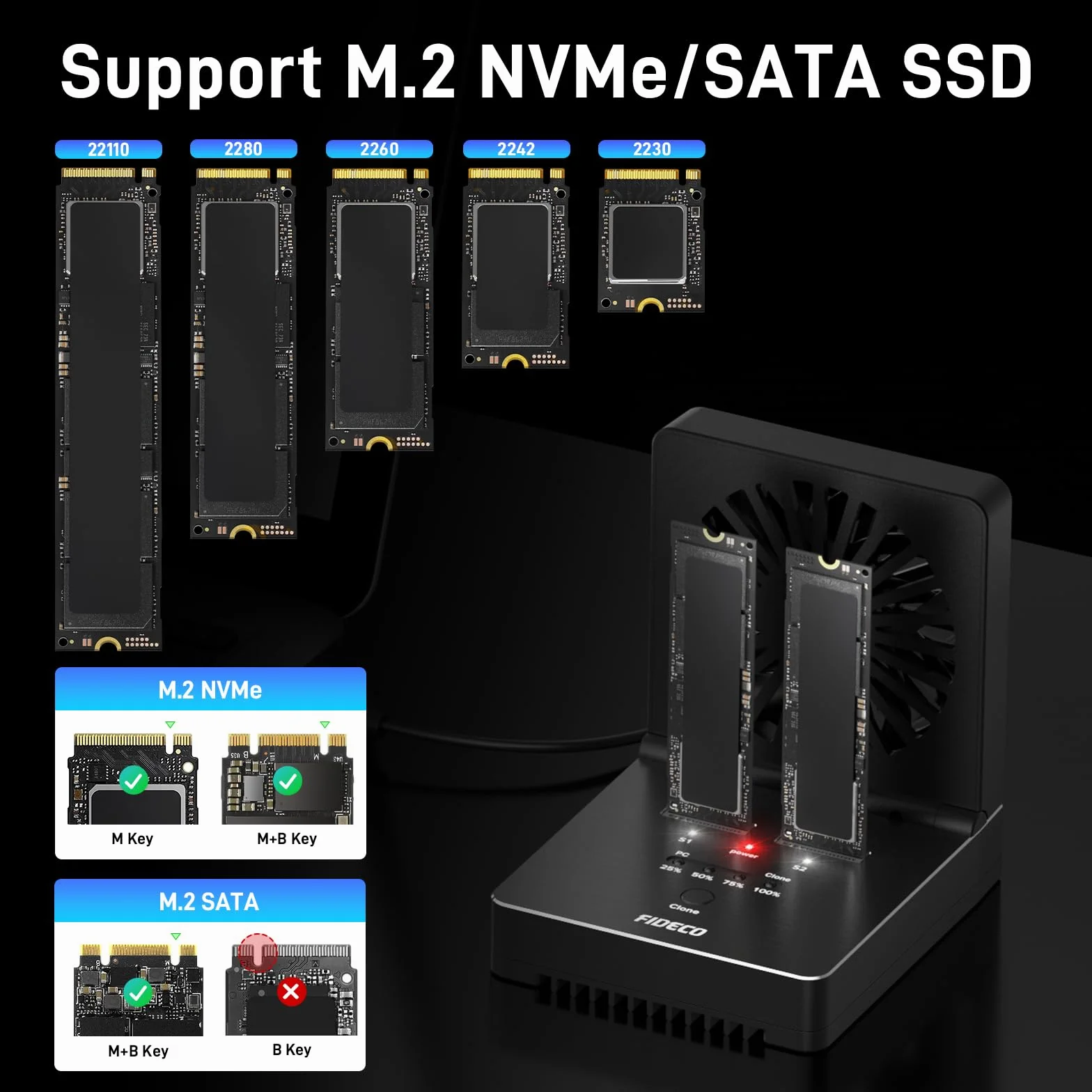 FIDECO M.2 NVMe SATA SSD Cloner Dock, USB 3.2 Gen 2, 20 Gb/s NVMe Cloner Duplicator ze składanym wentylatorem chłodzącym, obsługa klonu offline, UASP i TRIM, aluminiowa konstrukcja