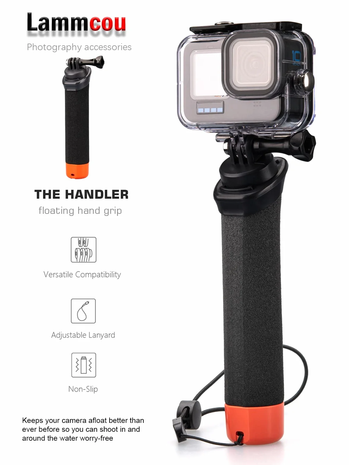 Lammcou Pływający uchwyt, Go Pro pływający wodoodporny uchwyt do nurkowania, monopod z liną bezpieczeństwa i opaską na nadgarstek, pływający uchwyt do Hero 13 12 11 10 9 Go3 X3 akcesoria