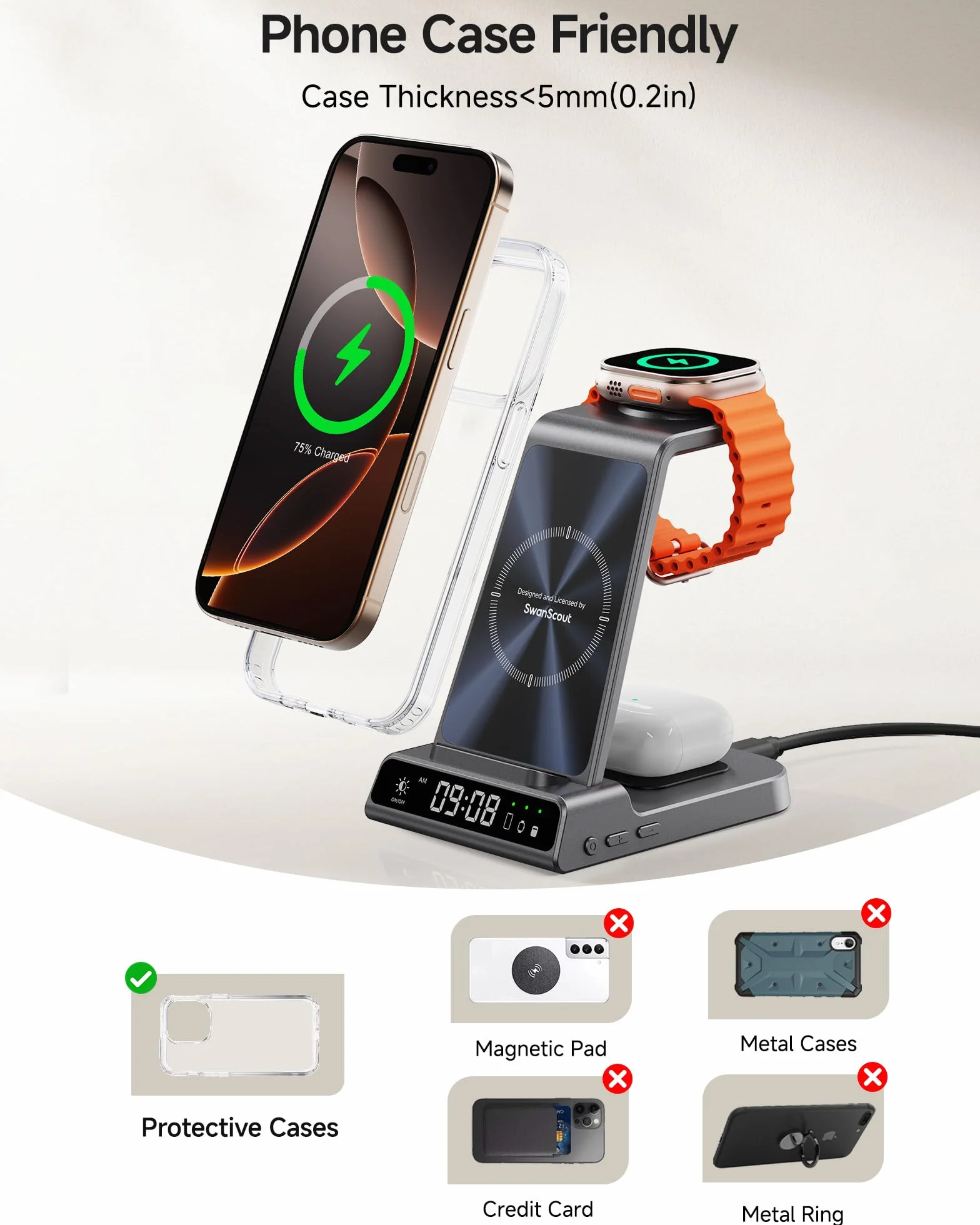 3-w-1 stacja ładowania bezprzewodowego do iPhone Air/17/16/15/14/13/12, do Apple Watch Ultra 3/11/10/9/8/7/SE, SwanScout C02A