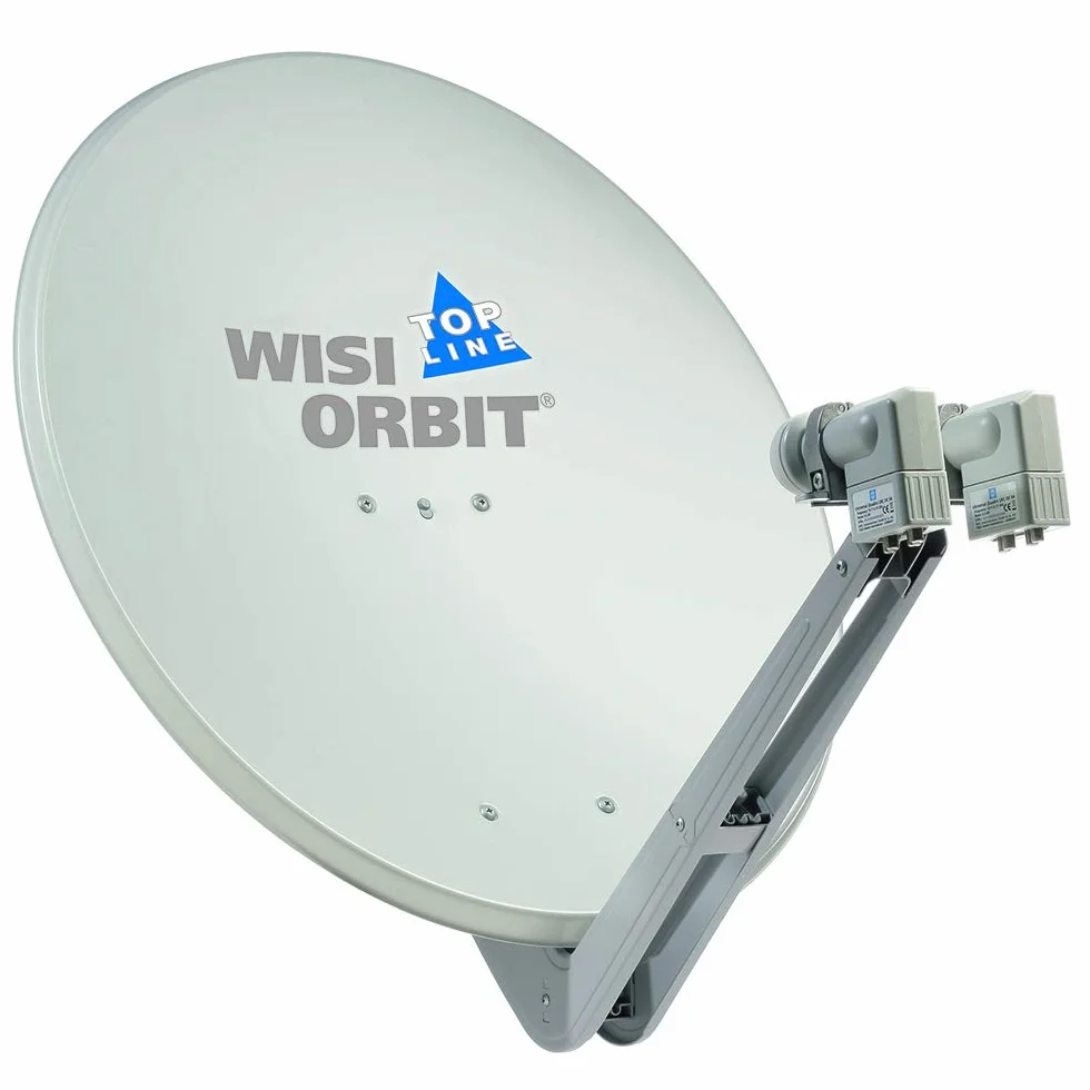 WISI Orbit Topline antena offsetowa OA85G w kolorze jasnoszarym – 85 cm reflektor z aluminium z 40 mm uchwytem LNB, podnoszonym i obejmami maszowymi – kompletna antena satelitarna z akcesoriami montażowymi
