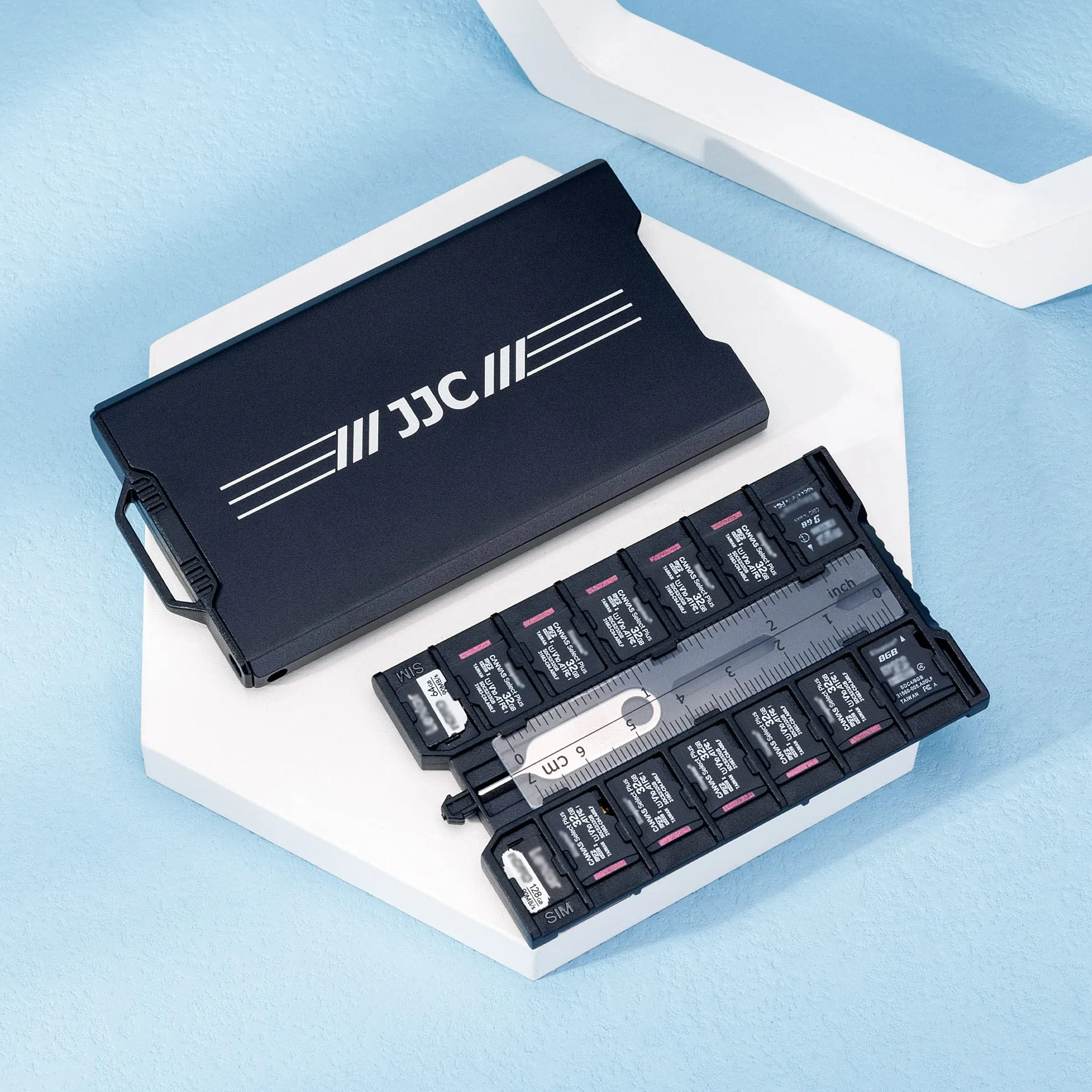 JJC Wyskakujące metalowe etui na karty pamięci Ultra Silm do 12 Micro SD TF MSD + 4 SD + 2 karty Nano SIM - z karabińczykiem narzędzie do usuwania karty micro SIM i mini linijka - czarne