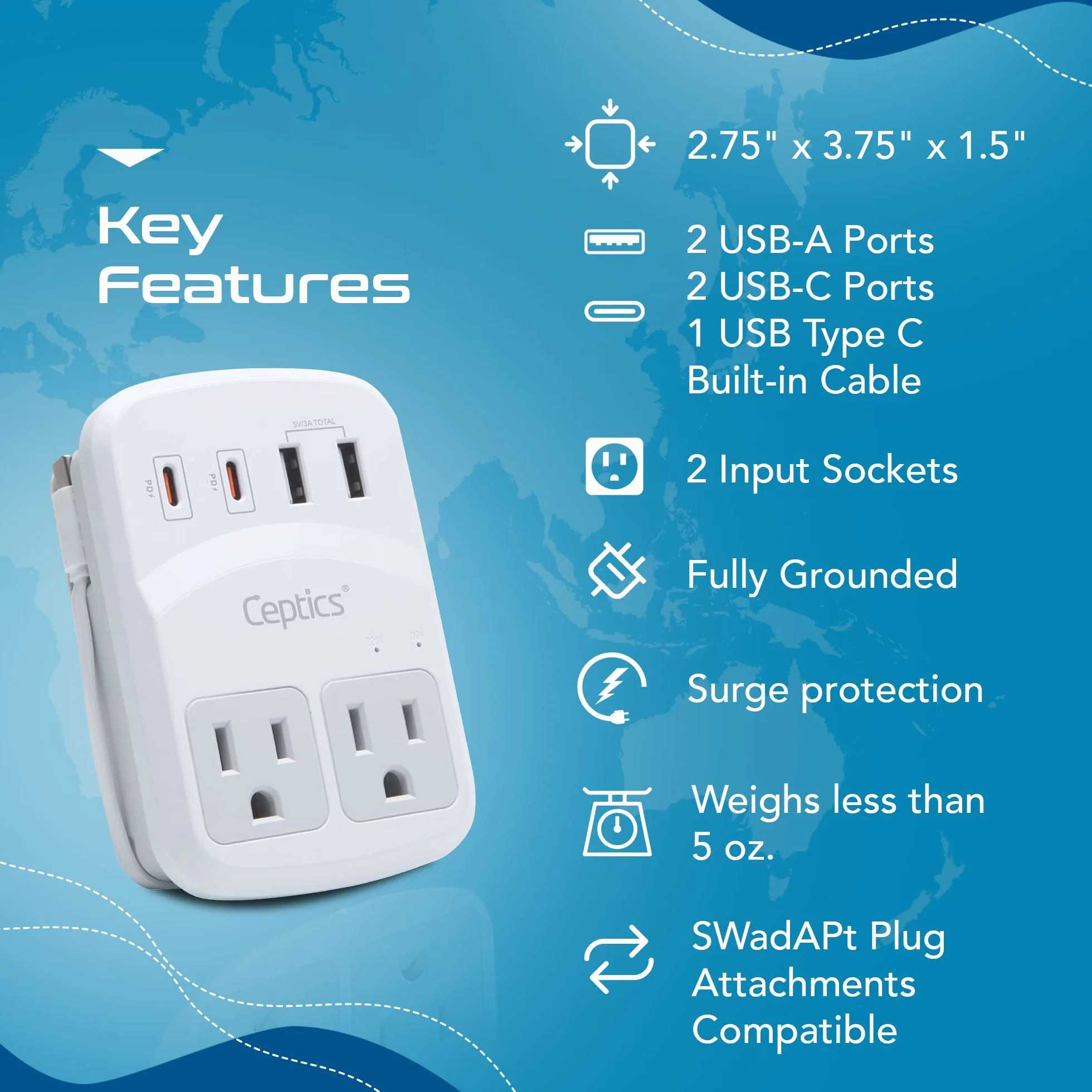 Ceptics World Travel Adapter Kit 2 USB-A, USB-C US Outlets, 20W/QC 18W Power Delivery, Surge Protection, SWADAPT Compatible for Europe, UK, China, Australia, Japan Perfect Laptop (WPS-5B)