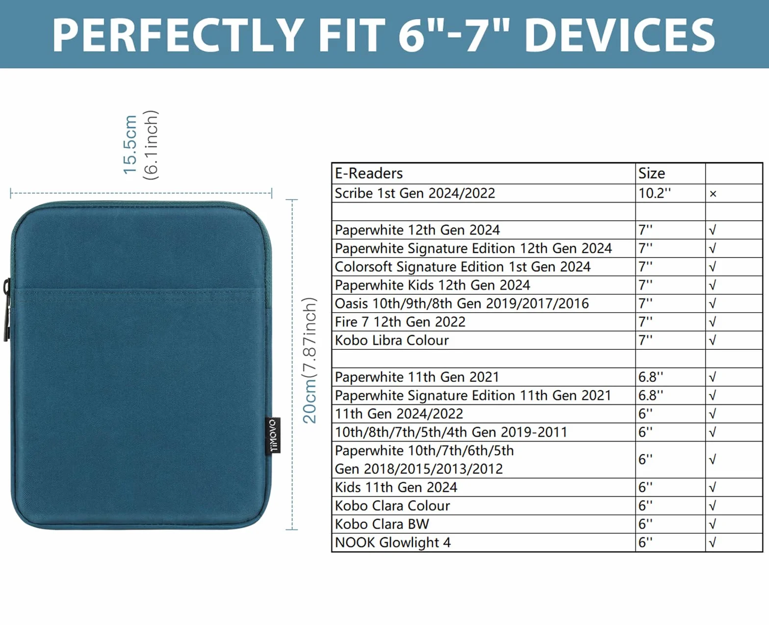 TiMOVO 6-7 Inch Sleeve Case for All-New Kindle Paperwhite & Colorsoft Signature Edition, Protective Sleeve Cover Pouch Bag Carrying Case for Kindle E-Reader/Oasis, Peacock Blue