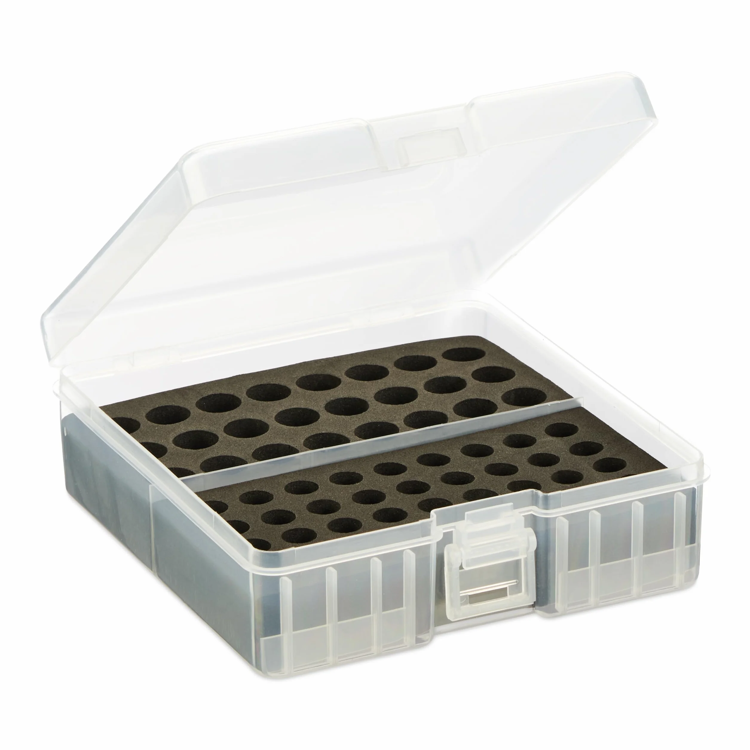 Relaxdays Pudełko na baterie z testerem, na 60 baterii AA i AAA, wys. x gł.: 5,5 x 15 x 15,5 cm, pudełko na baterie, przezroczyste/czarne