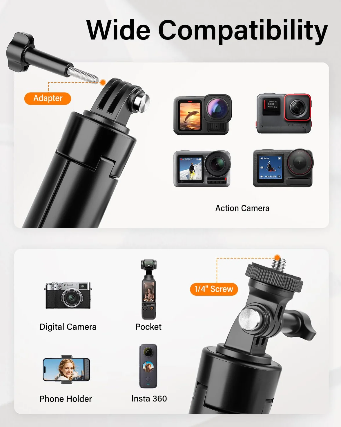 Nineigh 25,6-calowa Mini Kijek do Selfie z Statywem dla Kamer Akcji Kompatybilny z GoPro, DJI Osmo Pocket 3, Insta360, Rozsuwany Stołowy Statyw/Przewodnia Ręczna Statyw do Vlogowania