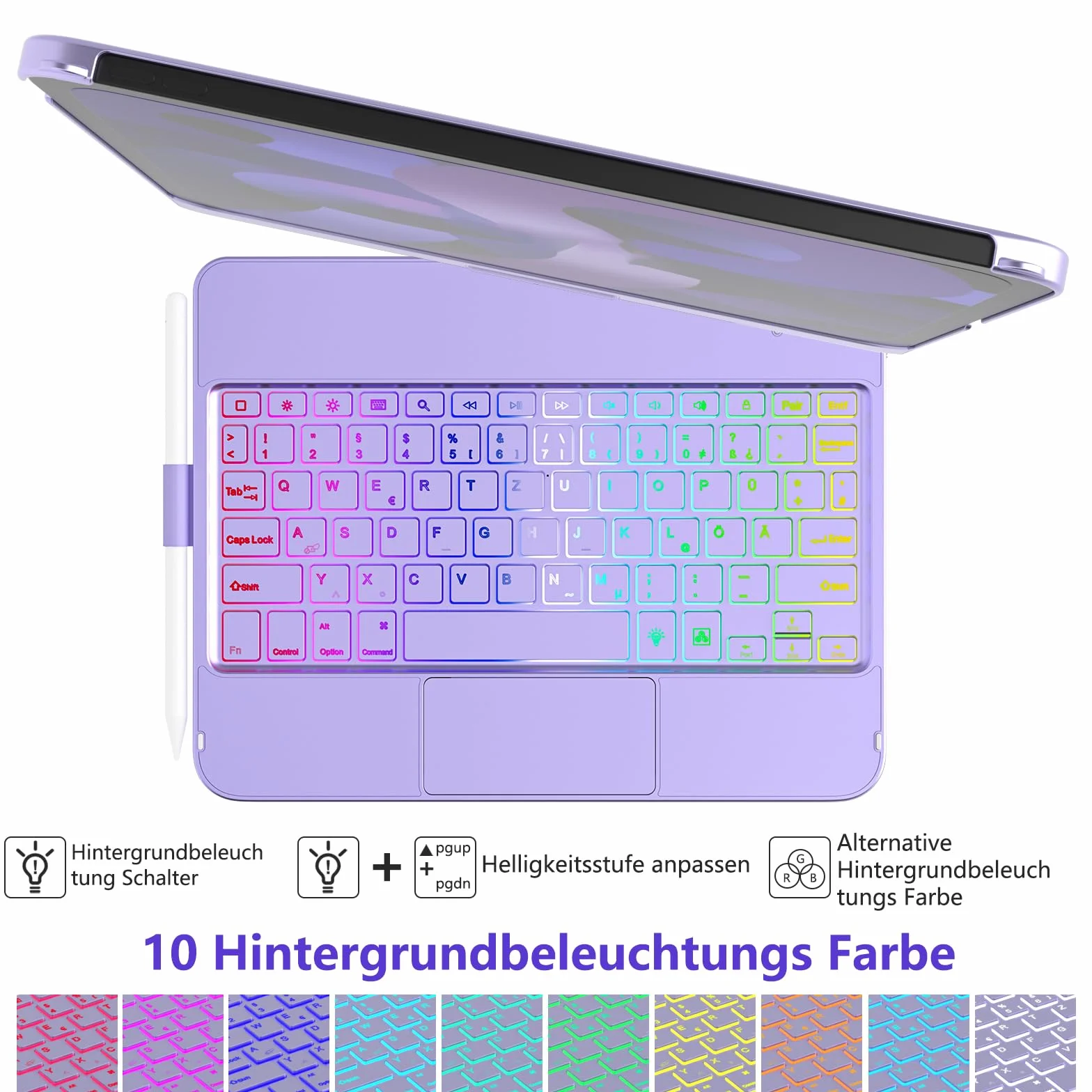 TQQ Etui z klawiaturą do iPada A16 11 generacji 2025/10 generacji 2022 (11/10,9 cala), z precyzyjnym gładzikiem, klawiatura podobna do notebooka z 7-kolorowym podświetleniem, obracana o 360°