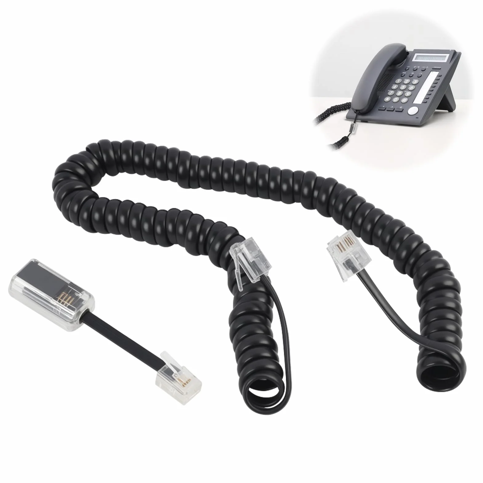 Kabel telefoniczny RJ9 4P4C 3 metry z obrotowym rozplątywaniem o 360°, czarny - spiralny kabel telefoniczny stacjonarny, uniwersalny kompatybilny ze wszystkimi telefonami z interfejsem RJ9 do domu i