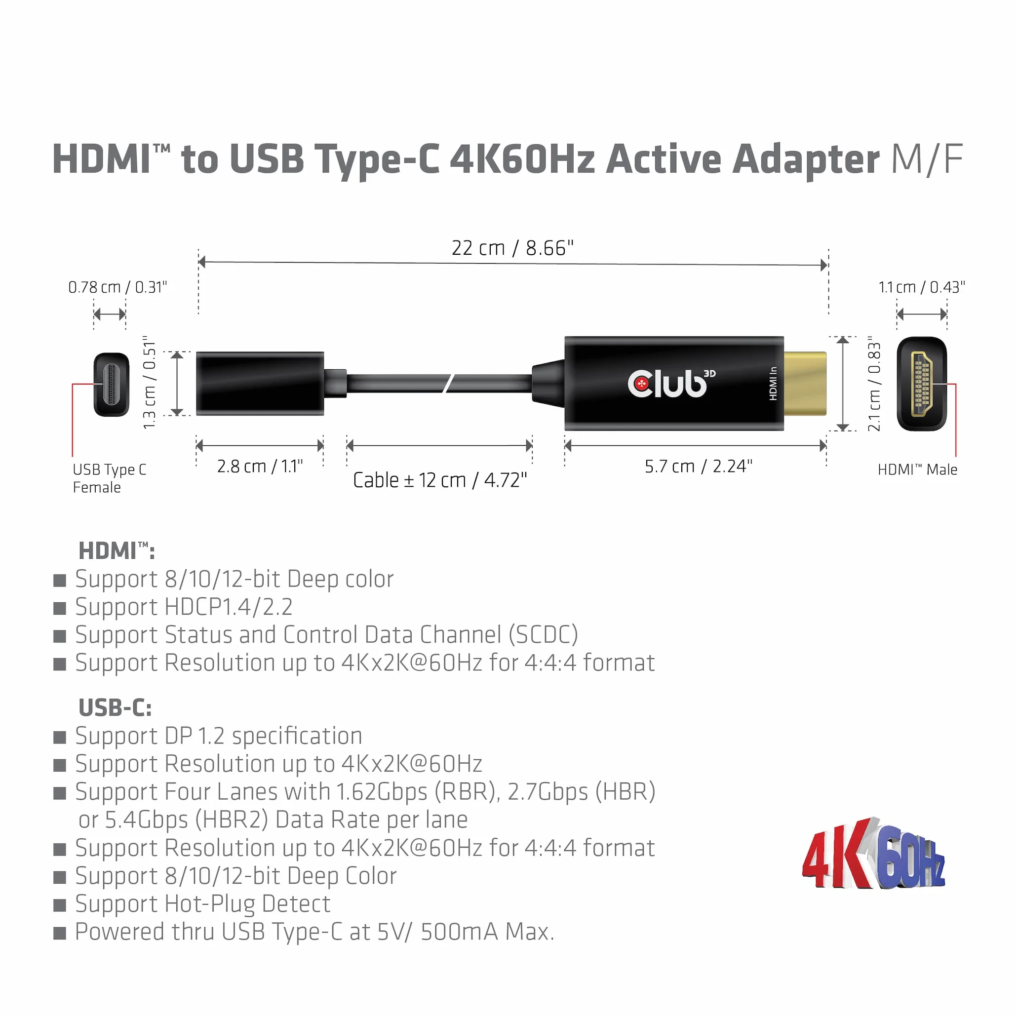 CLUB3D Aktywny adapter HDMI na USB typu C 4K60 Hz St/B