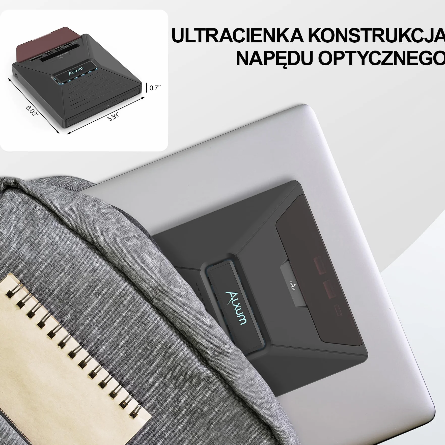 Alxum Zewnętrzny napęd DVD CD do laptopa, napęd CD zewnętrzny USB z interfejsem SATA, nagrywarka DVD zewnętrzna z czytnikiem kart SD/TF i portami USB, do laptopa, komputera, Windows, Linux, Mac OS
