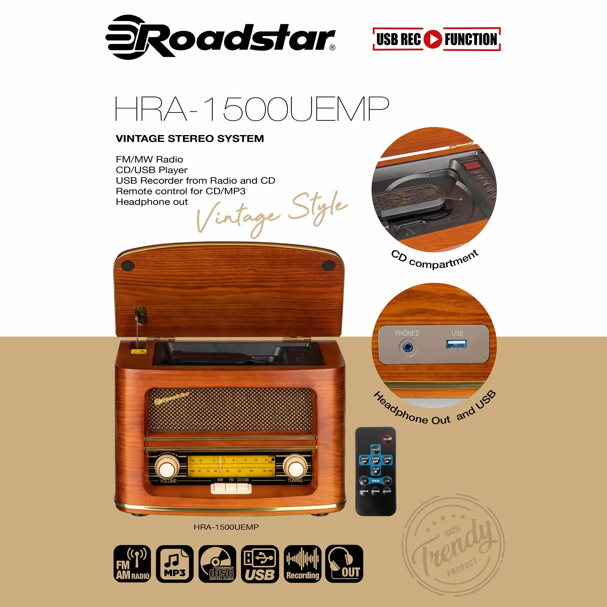 Roadstar HRA-1500UEMP Przenośne radio CD Vintage FM/MW, Odtwarzacz CD-MP3, Funkcja nagrywania USB, Stereo, Pilot zdalnego sterowania, Połączenie słuchawkowe, Drewno