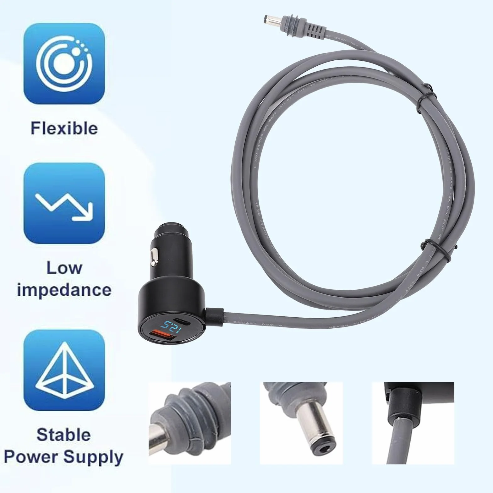 Ejoyous Kabel Zasilający 12V 24V DC Kabel Zasilający 18AWG do Zapalniczki Samochodowej z Wyświetlaczem Cyfrowym Guma Miedź Stop Aluminium Plug and Play do Samochodu Ciężarowego RV Boat (10 m)