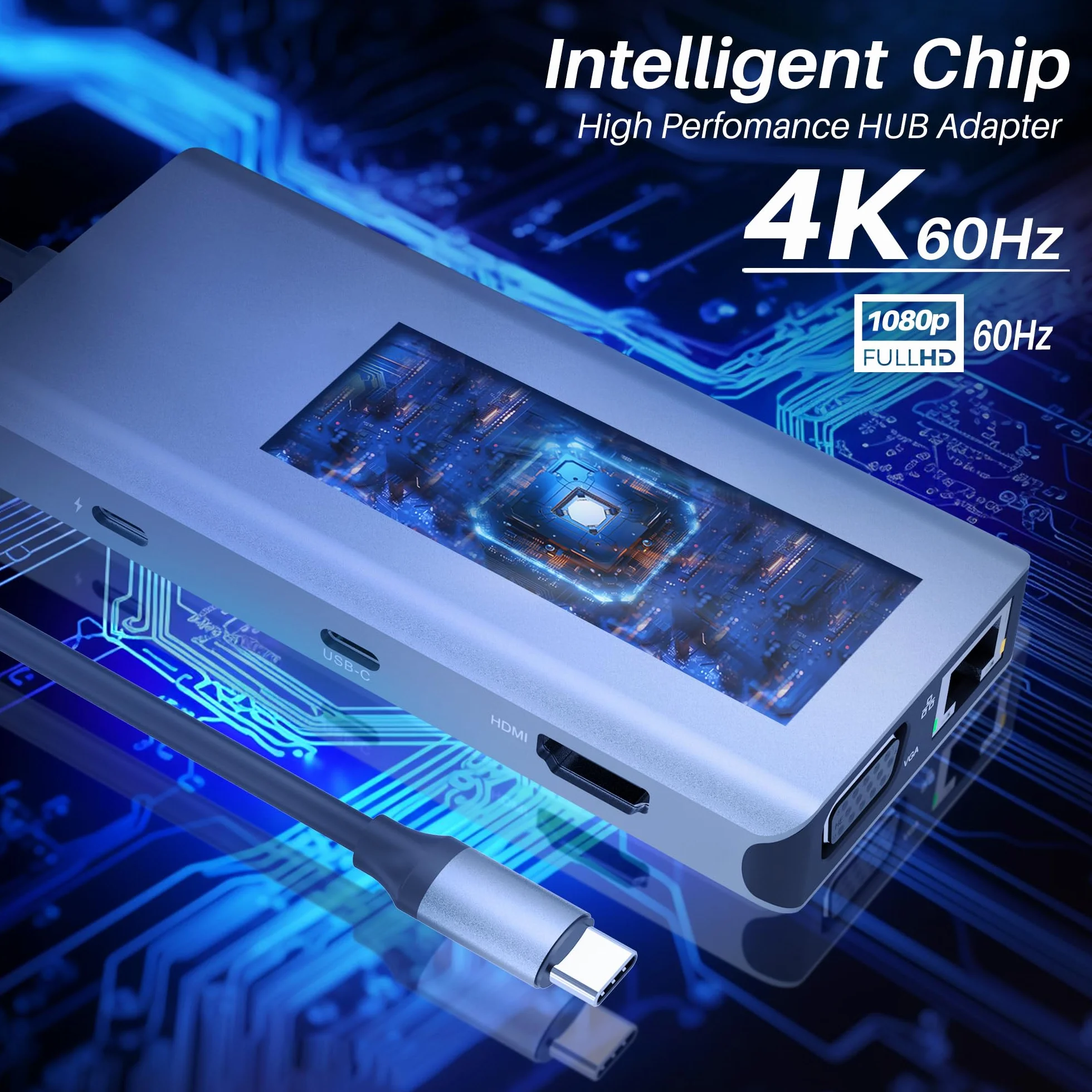 ATLANTIS A04-TC_DK46 Docking Station USB C (Type C) do HDMI 4K, VGA, Ethernet RJ45 Gigabit, 3 USB 3.0, 1 USB C, 1 PD-85W, 1 Audio IN/OUT 3.5mm, czytnik kart. Kabel 18 cm. Kompatybilny ze wszystkimi