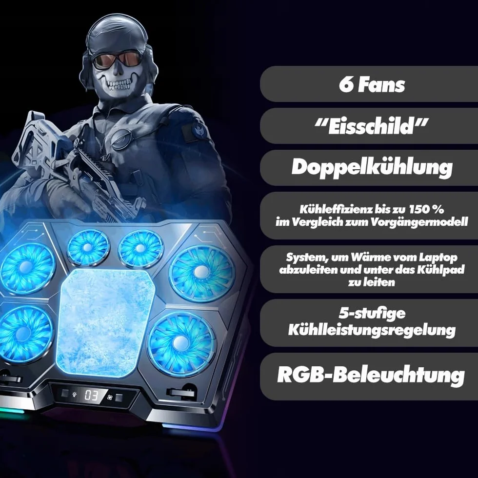 EXG D13 podkładka chłodząca do laptopa – podkładka chłodząca do notebooka z 6 wentylatorami, oświetlenie RGB, 8-stopniowe nachylenie, zasilanie przez USB lub zasilacz, ciche chłodzenie do laptopów 13