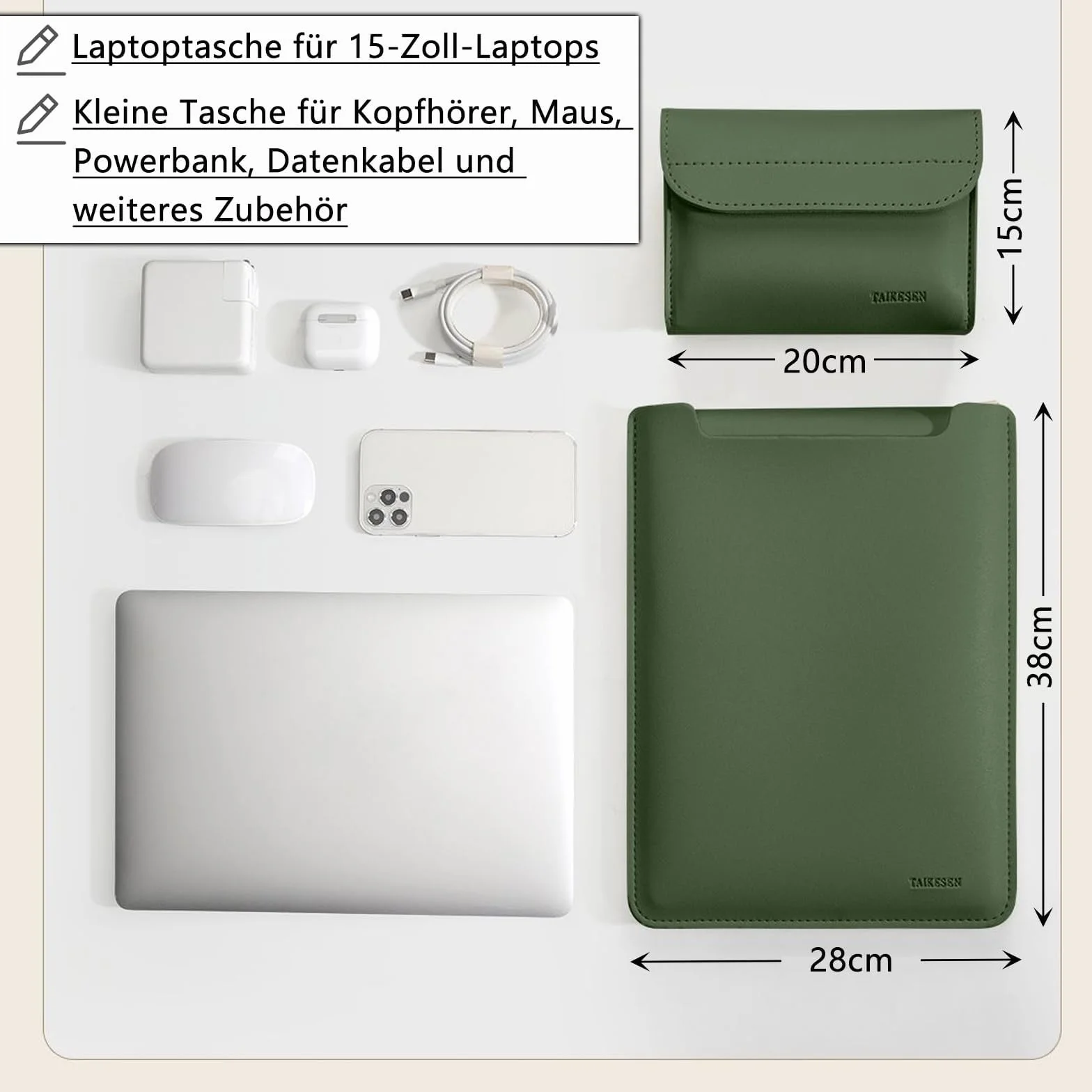 Torba na laptopa o przekątnej ekranu 15", etui na laptopa z kieszenią na akcesoria, sztuczna skóra, torba na laptopa 15", niemagnetyczna, kompatybilna z Apple, Lenovo, HP, ASUS, Acer, 38 cm x 28 cm
